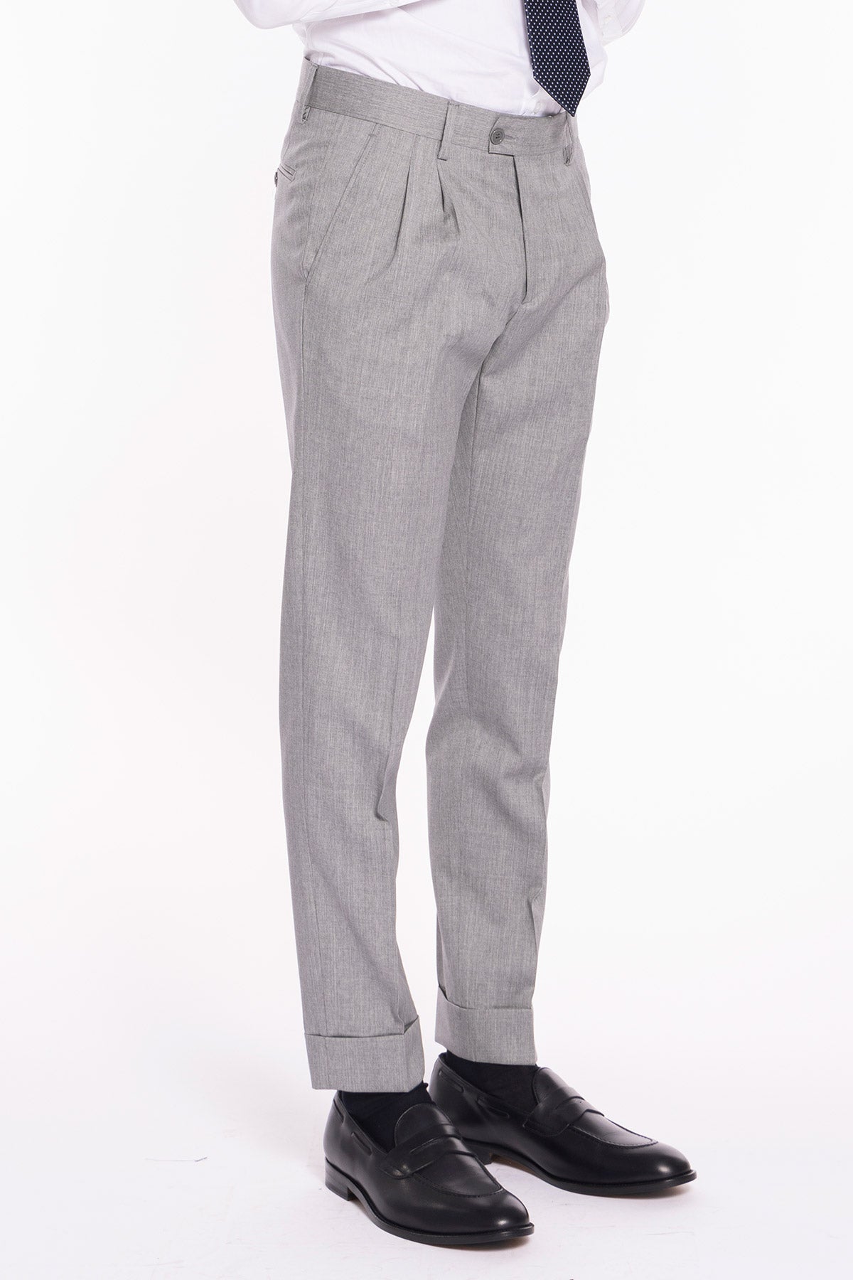 Pantalone uomo grigio chiaro fresco lana Vitale Barberis vita alta con 2 pinces e risvolto 5cm