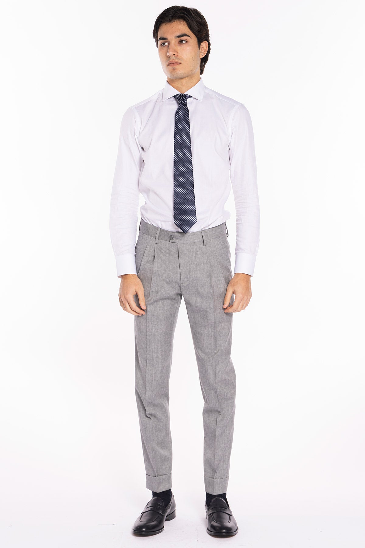 Pantalone uomo grigio chiaro fresco lana Vitale Barberis vita alta con 2 pinces e risvolto 5cm