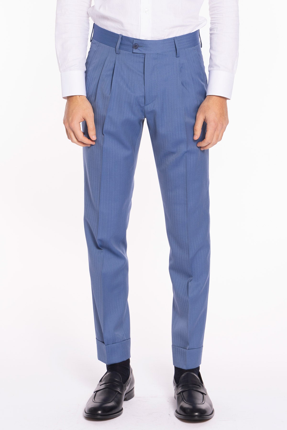Pantalone uomo vita alta celeste Solaro fresco lana super 120'S e seta Holland & Sherry tasca con 2 pinces e risvolto 5cm