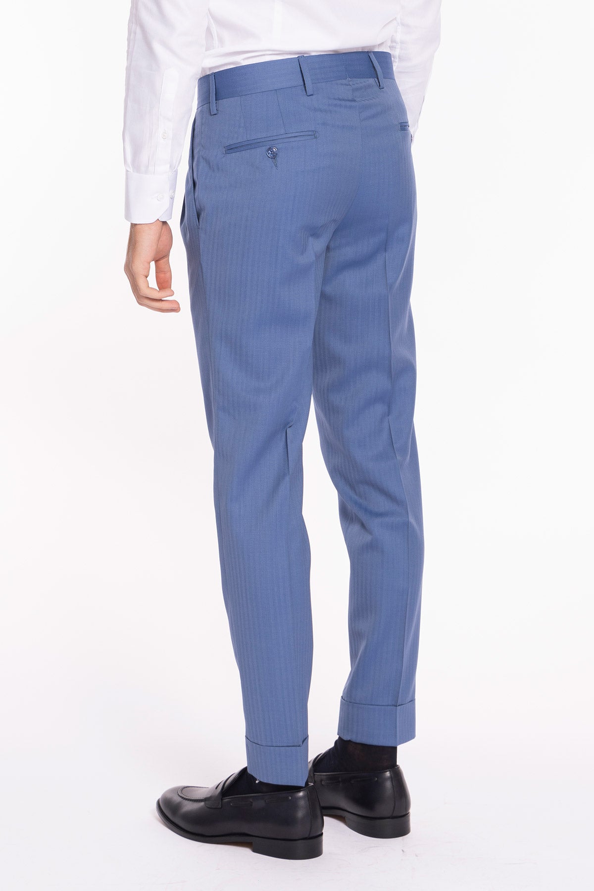 Pantalone uomo vita alta celeste Solaro fresco lana super 120'S e seta Holland & Sherry tasca con 2 pinces e risvolto 5cm