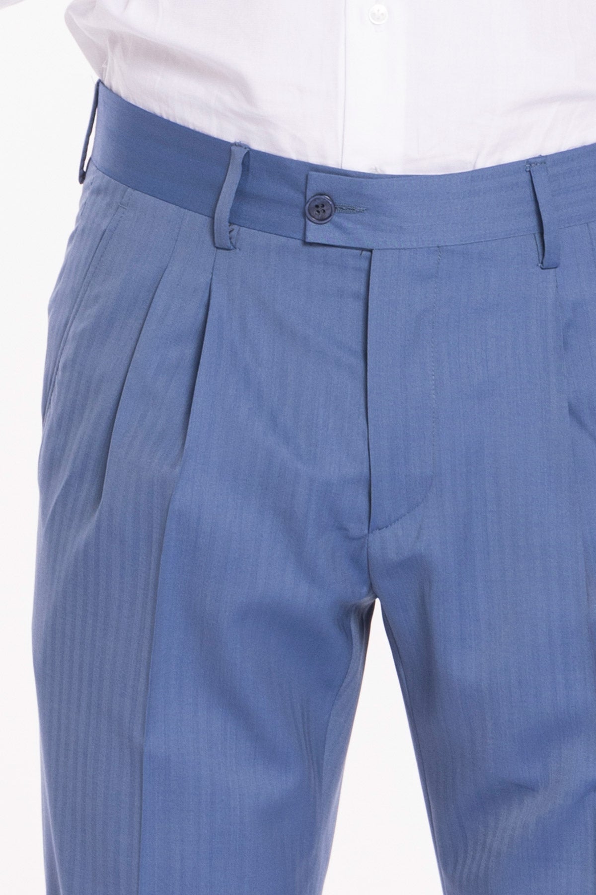 Pantalone uomo vita alta celeste Solaro fresco lana super 120'S e seta Holland & Sherry tasca con 2 pinces e risvolto 5cm