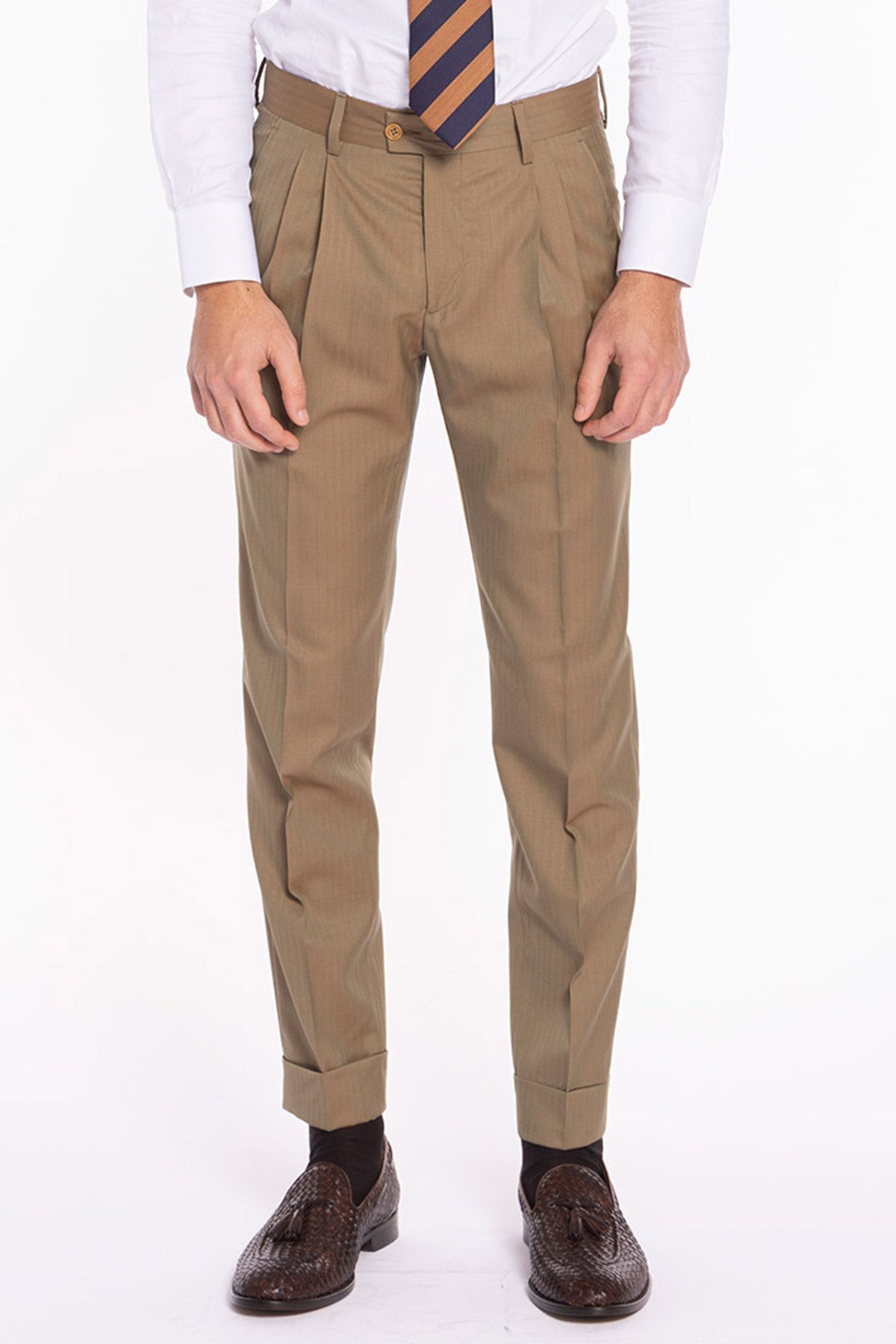 Pantalone uomo vita alta fango Solaro fresco lana super 120'S e seta Holland & Sherry tasca con 2 pinces e risvolto 5cm