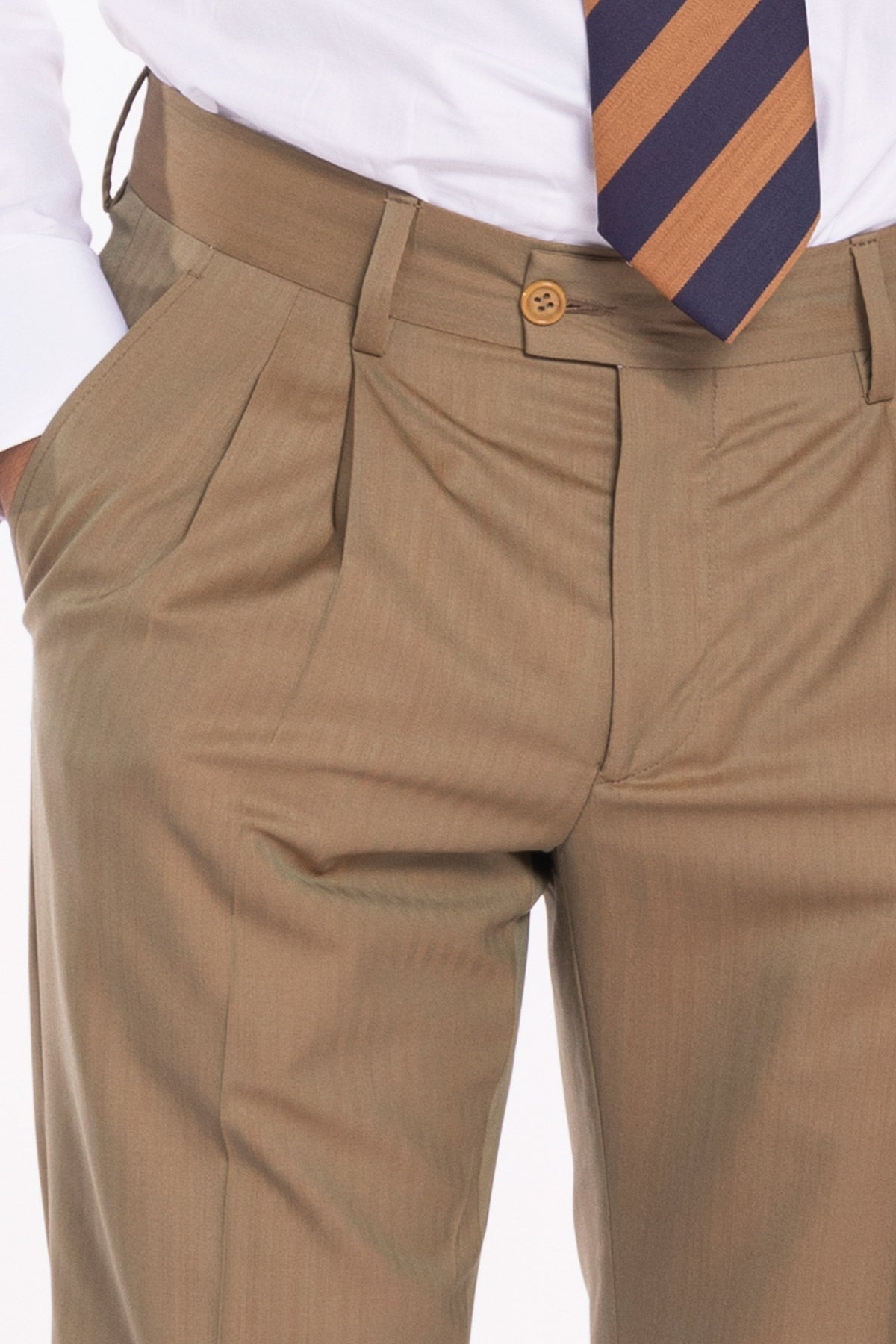Pantalone uomo vita alta fango Solaro fresco lana super 120'S e seta Holland & Sherry tasca con 2 pinces e risvolto 5cm