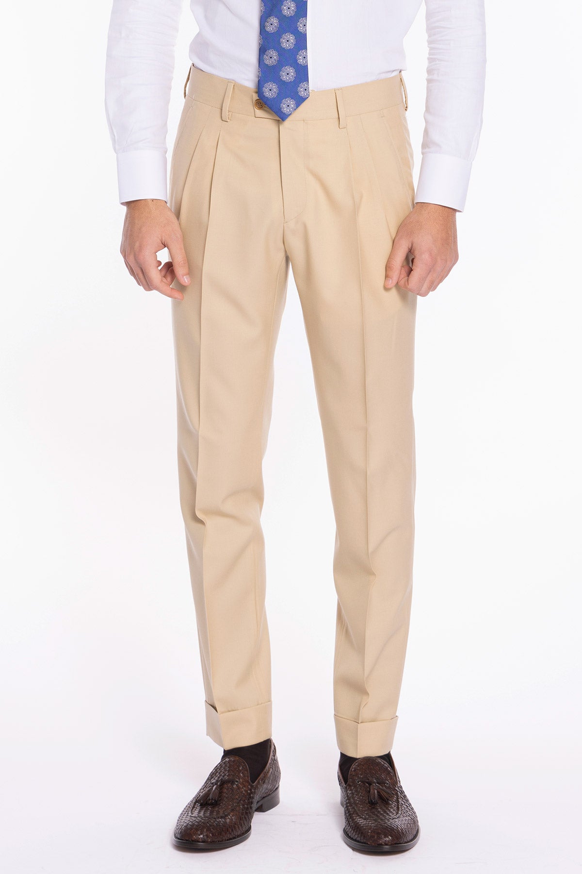 Pantalone uomo beige vita alta doppia pinces in fresco lana super 140's Holland & Sherry risvolto 5cm