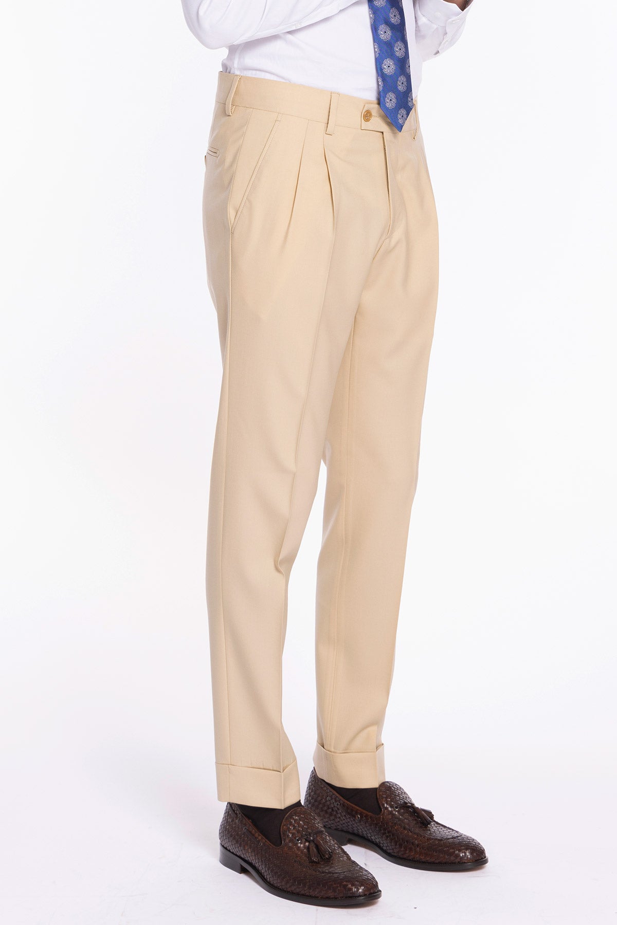 Pantalone uomo beige vita alta doppia pinces in fresco lana super 140's Holland & Sherry risvolto 5cm