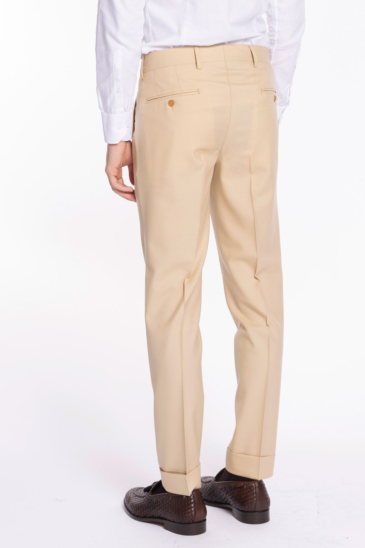 Pantalone uomo beige vita alta doppia pinces in fresco lana super 140's Holland & Sherry risvolto 5cm