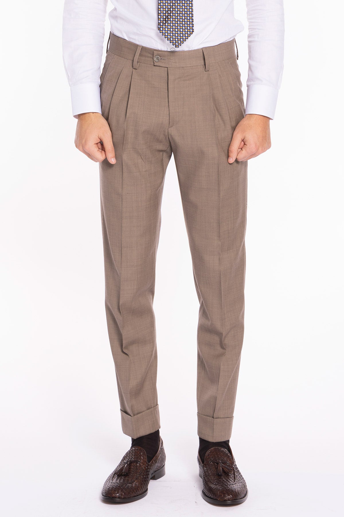 Pantalone uomo fango in fresco lana 120's Holland & Sherry vita alta doppia pinces e risvolto 5cm