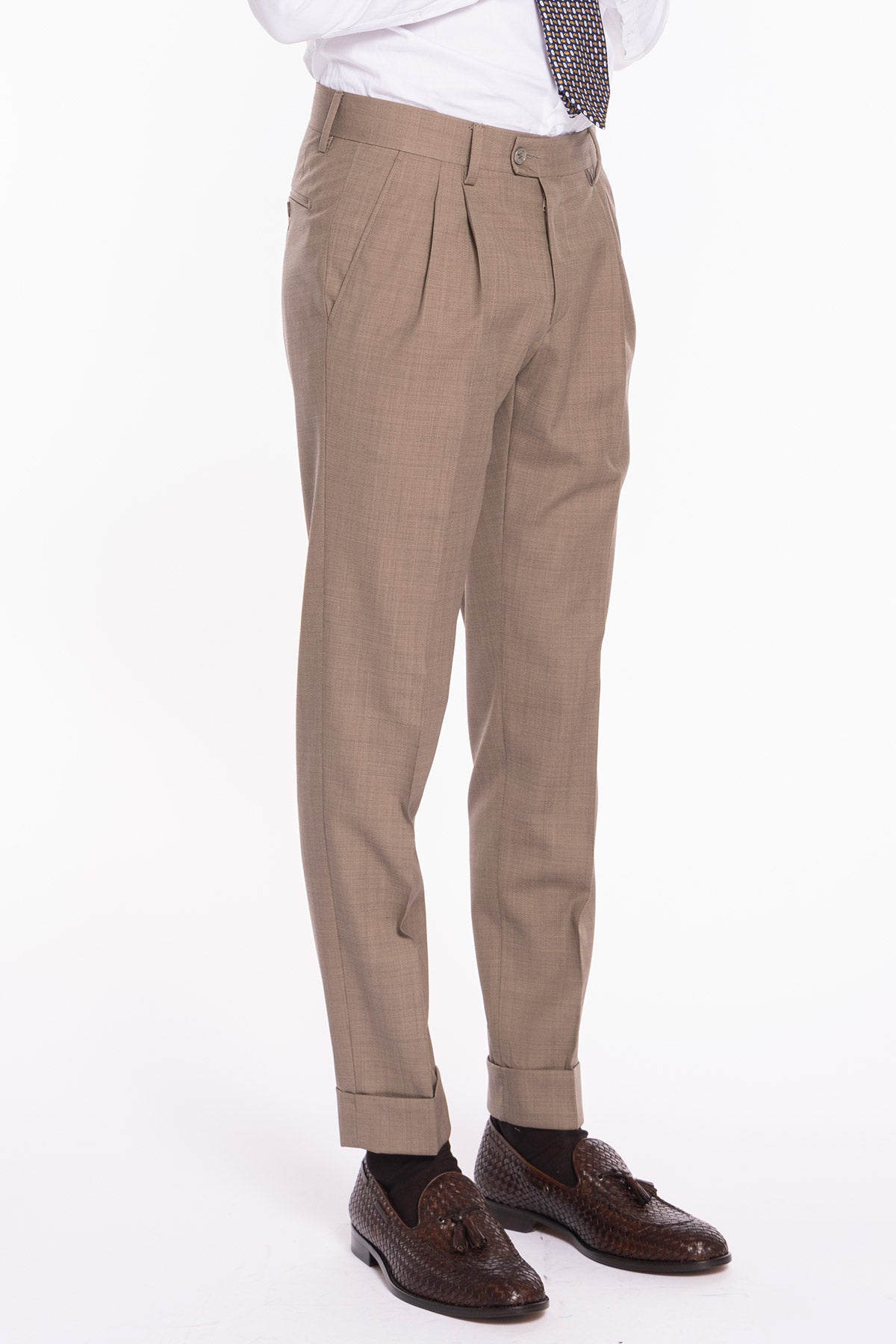 Pantalone uomo fango in fresco lana 120's Holland & Sherry vita alta doppia pinces e risvolto 5cm