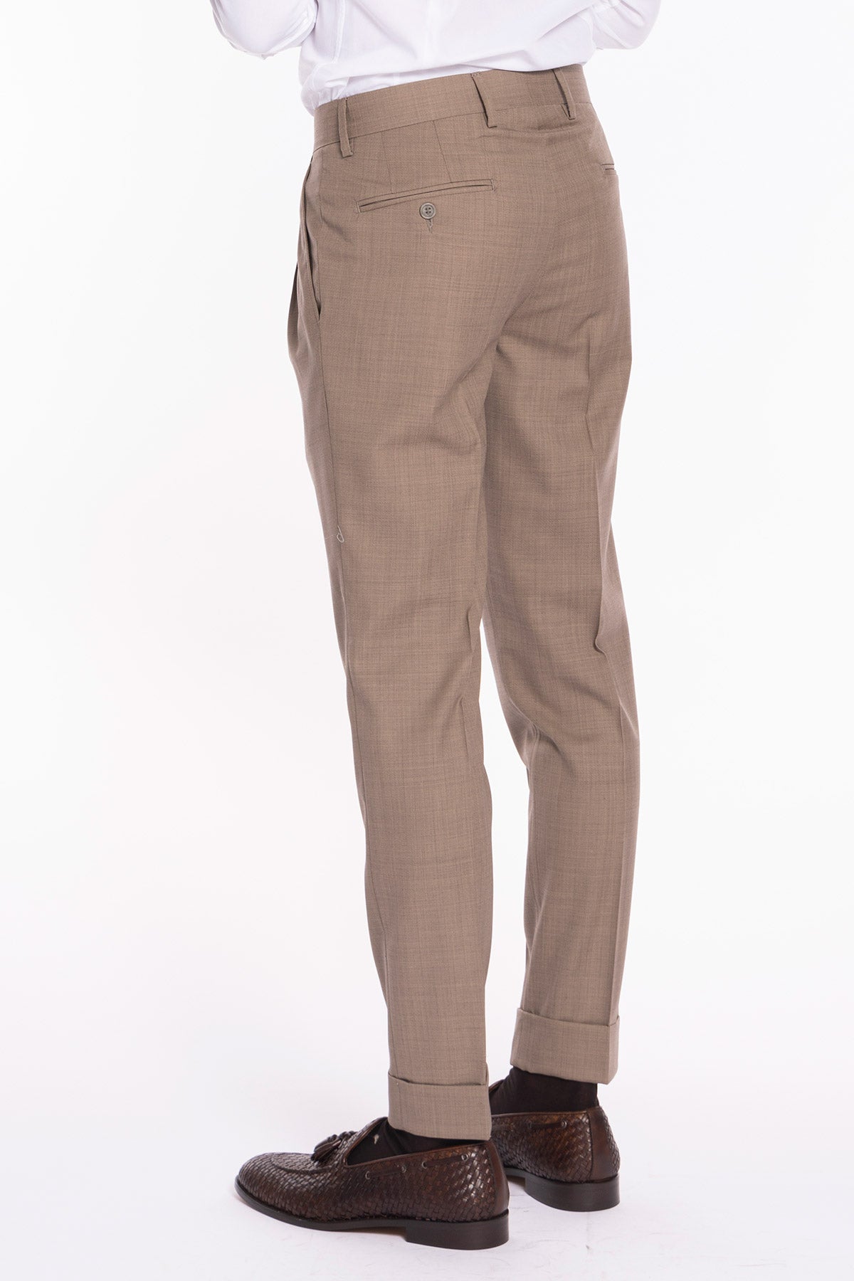 Pantalone uomo fango in fresco lana 120's Holland & Sherry vita alta doppia pinces e risvolto 5cm