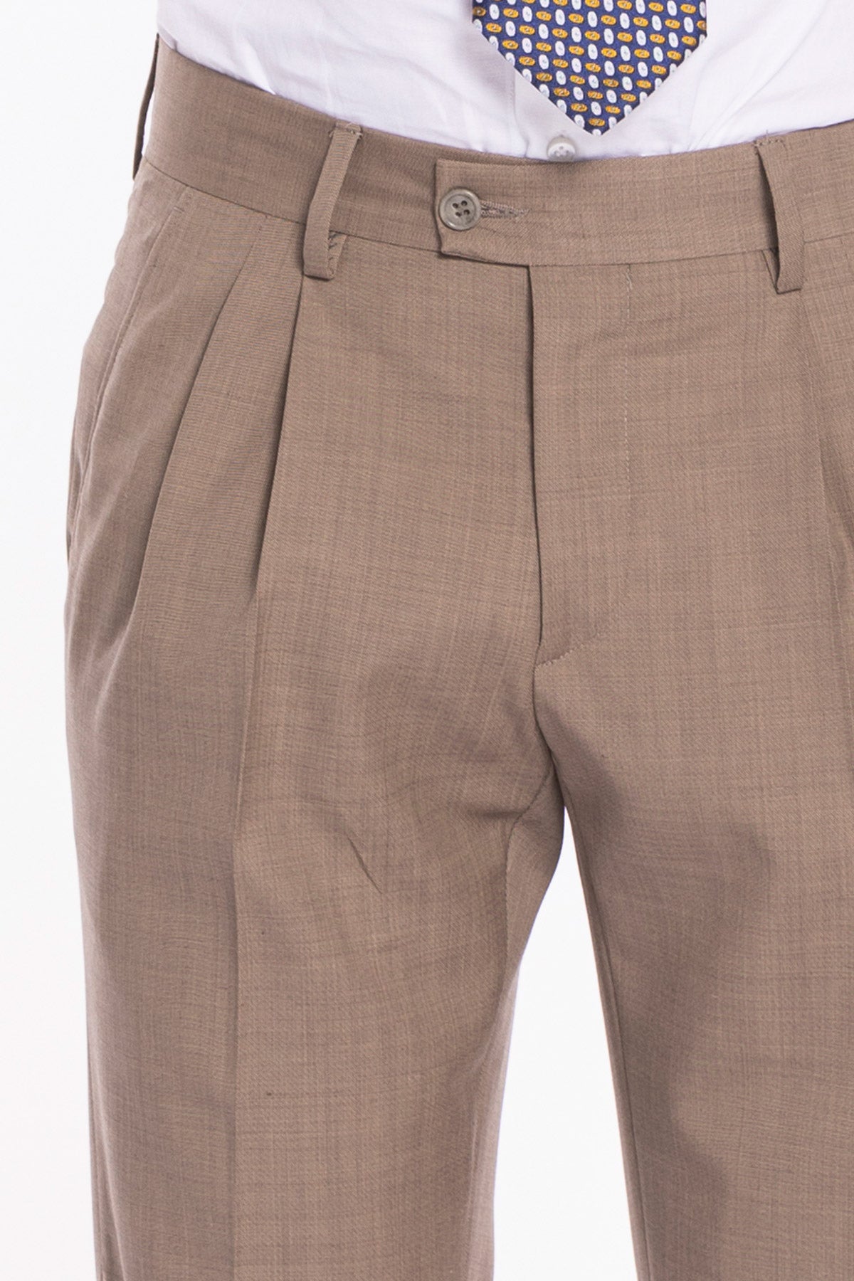 Pantalone uomo fango in fresco lana 120's Holland & Sherry vita alta doppia pinces e risvolto 5cm
