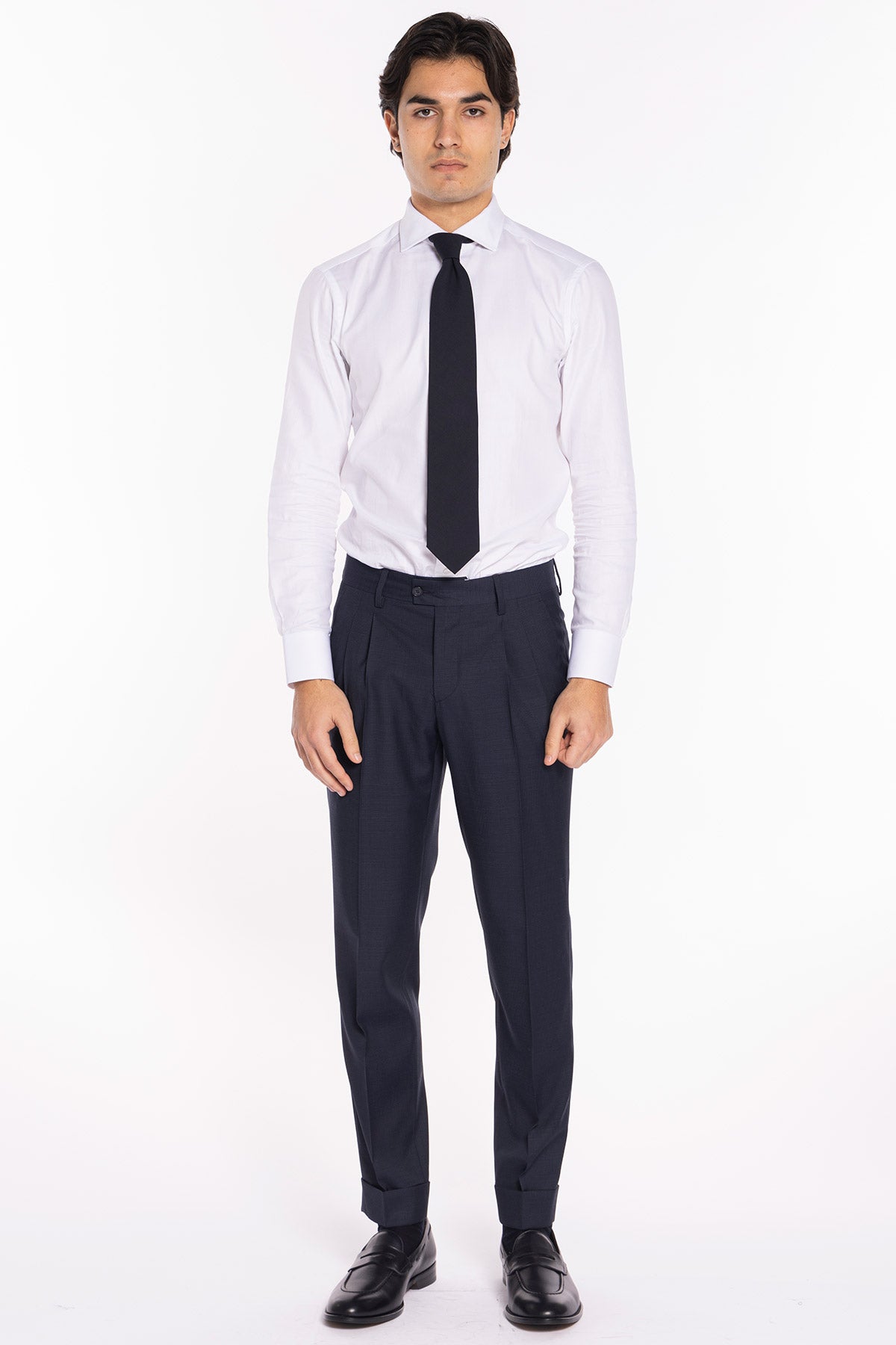 Pantalone uomo blu pied de poule vita alta Con 2 pinces in fresco lana super 120's  Holland & Sherry risvolto 5cm