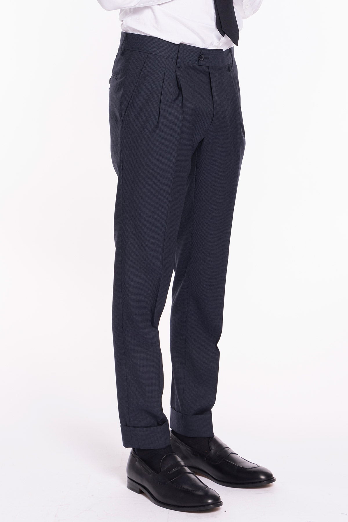 Pantalone uomo blu pied de poule vita alta Con 2 pinces in fresco lana super 120's  Holland & Sherry risvolto 5cm