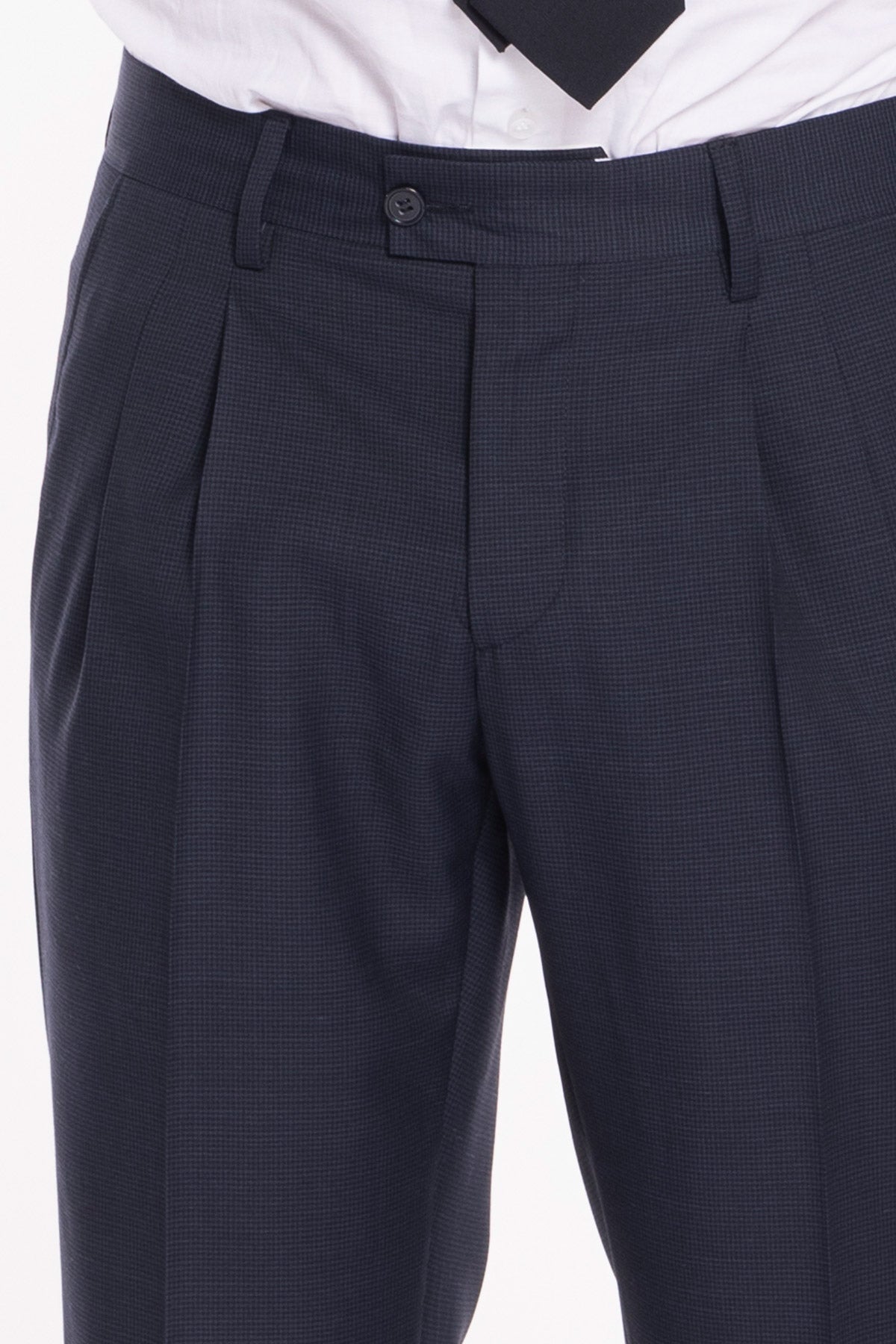 Pantalone uomo blu pied de poule vita alta Con 2 pinces in fresco lana super 120's  Holland & Sherry risvolto 5cm