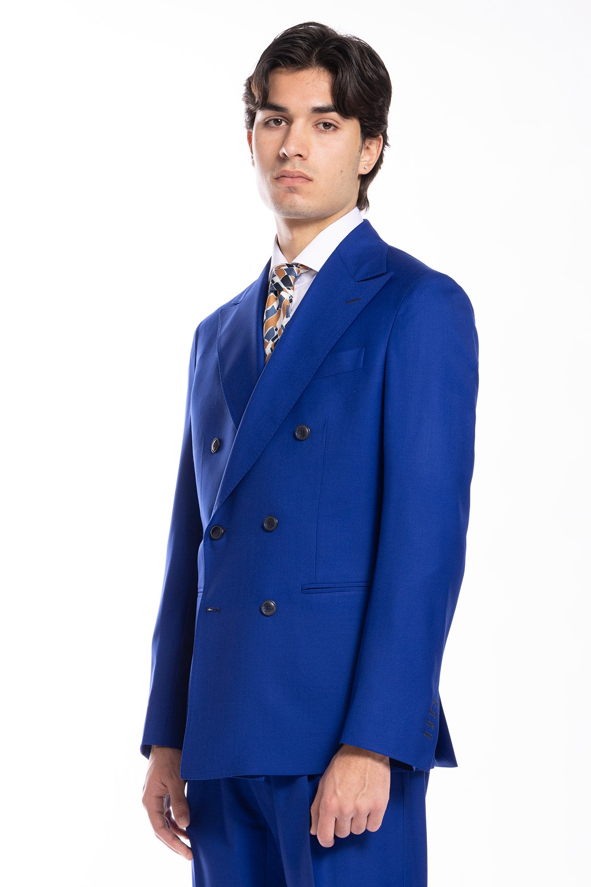 Giacca uomo doppiopetto royal blu fresco lana super 140's Holland & Sherry Rever a lancia