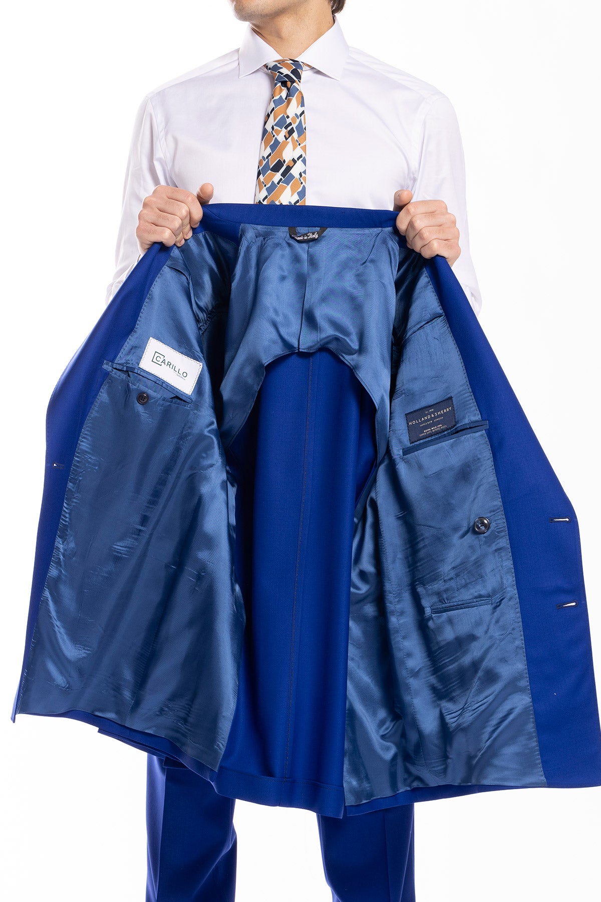 Giacca uomo doppiopetto royal blu fresco lana super 140's Holland & Sherry Rever a lancia