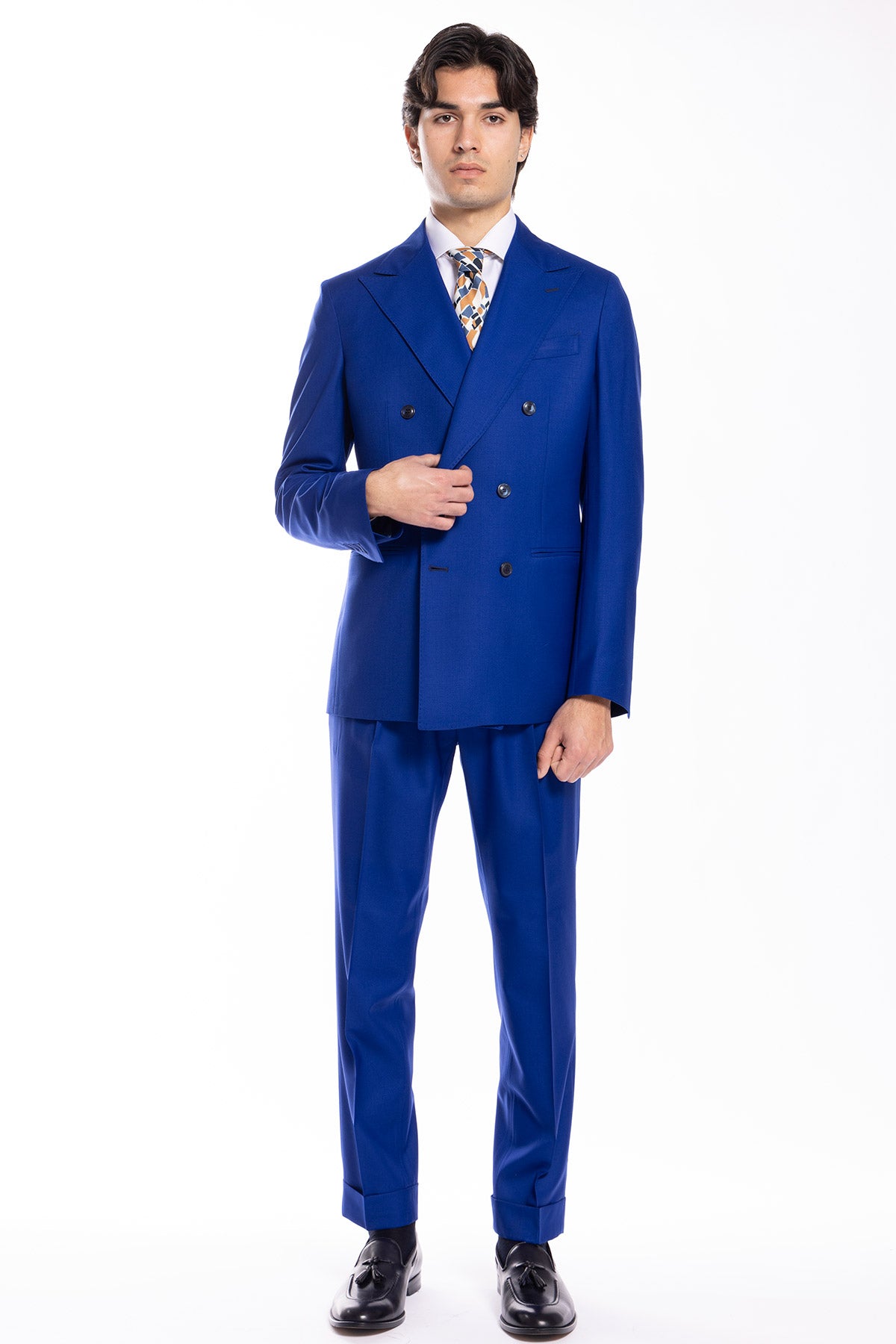 Giacca uomo doppiopetto royal blu fresco lana super 140's Holland & Sherry Rever a lancia