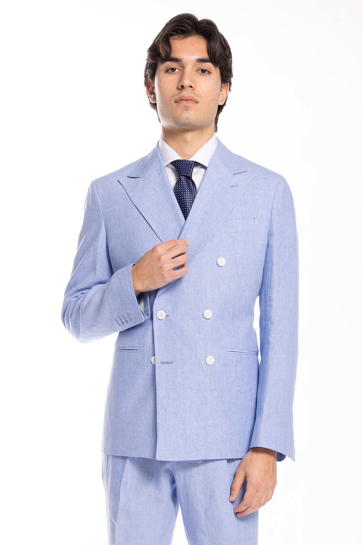 Giacca uomo doppiopetto azzurra 100% lino Bristol Tessuti Napoli rever a lancia