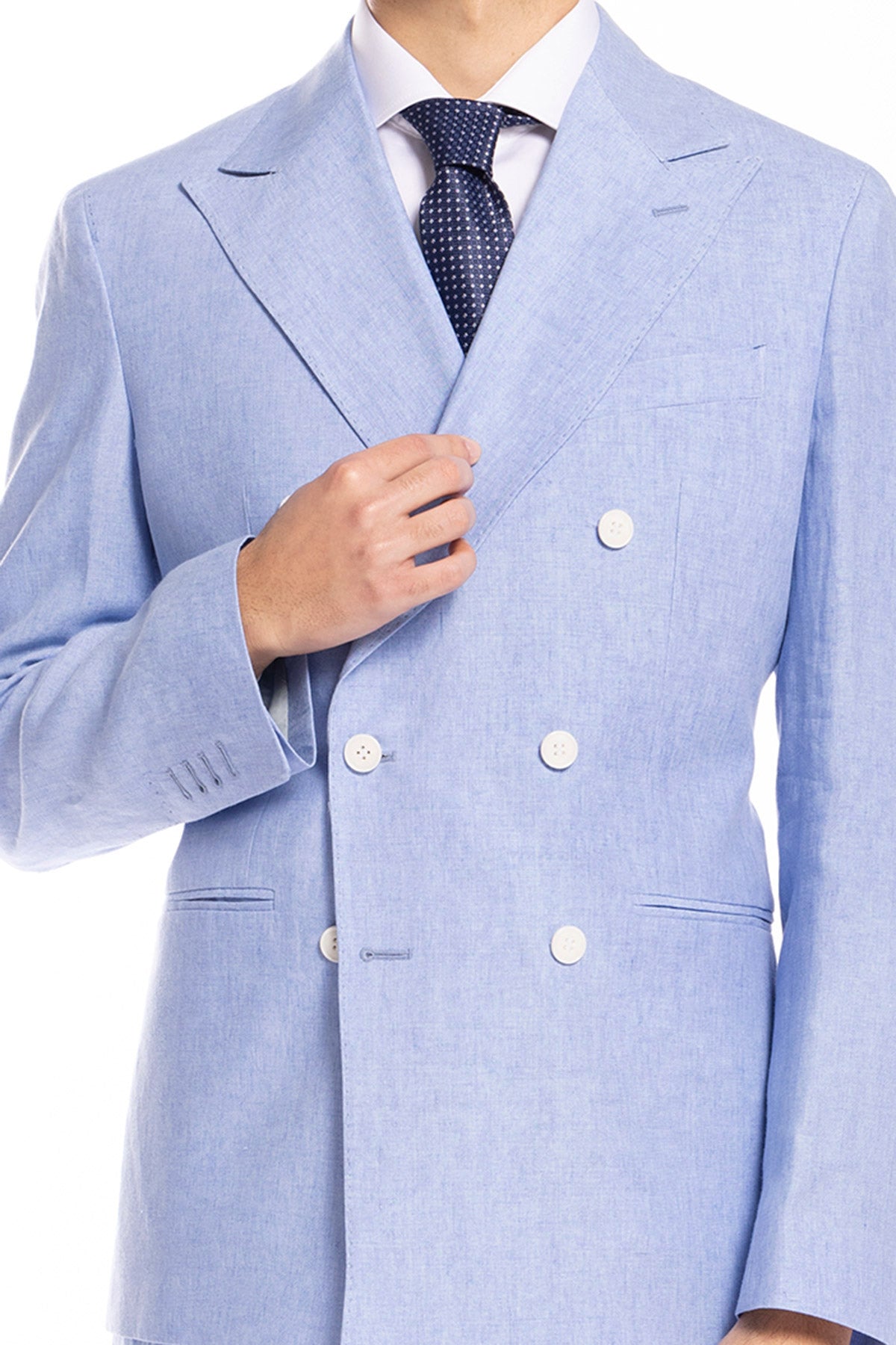 Giacca uomo doppiopetto azzurra 100% lino Bristol Tessuti Napoli rever a lancia