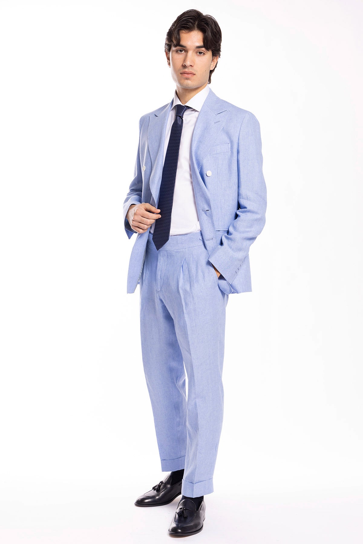 Giacca uomo doppiopetto azzurra 100% lino Bristol Tessuti Napoli rever a lancia