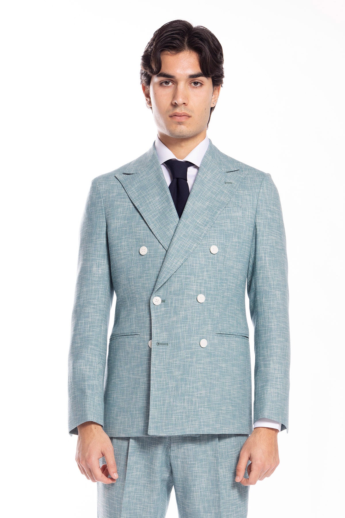 Giacca uomo doppiopetto verde tiffany effetto melange misto lana e cotone Bristol Tessuti Napoli rever a lancia