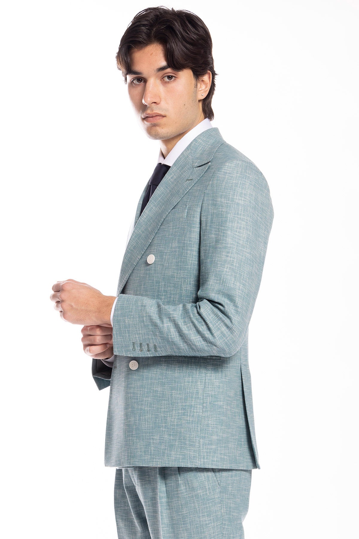 Giacca uomo doppiopetto verde tiffany effetto melange misto lana e cotone Bristol Tessuti Napoli rever a lancia