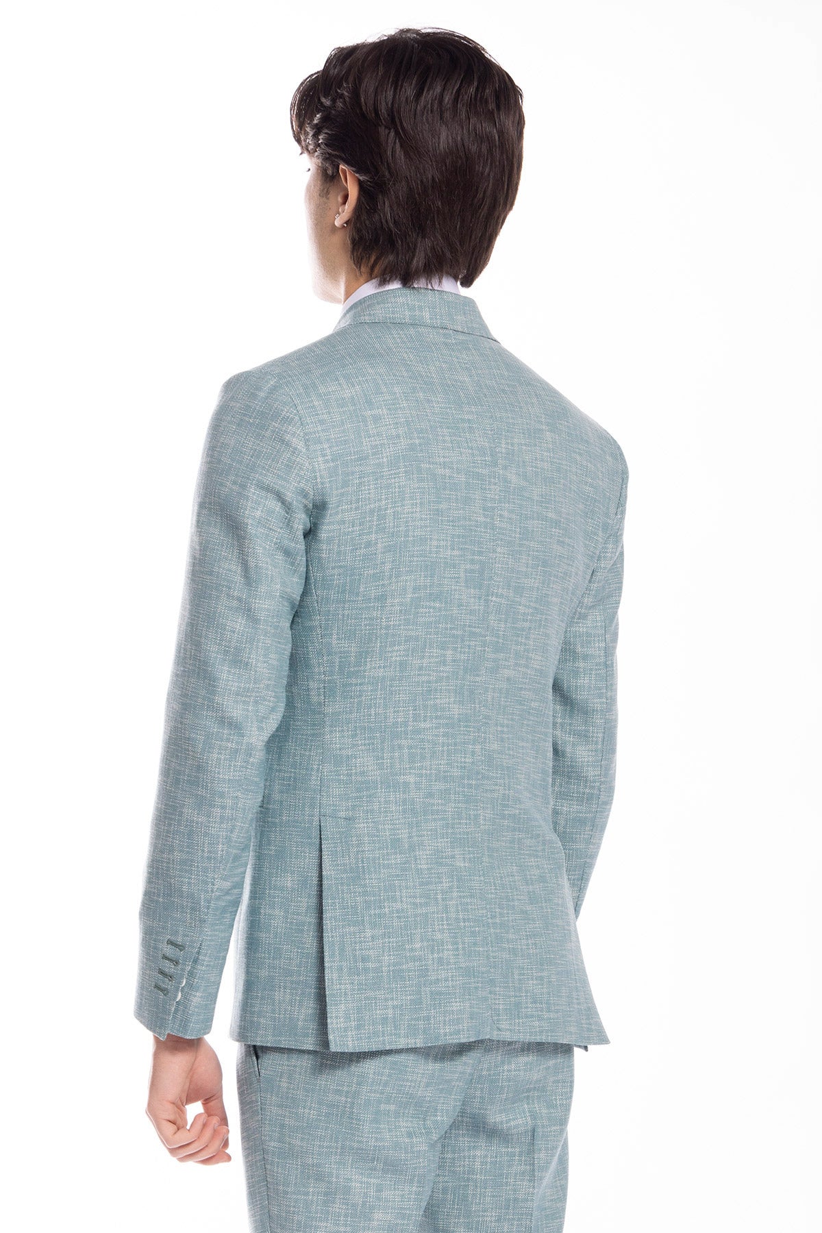 Giacca uomo doppiopetto verde tiffany effetto melange misto lana e cotone Bristol Tessuti Napoli rever a lancia