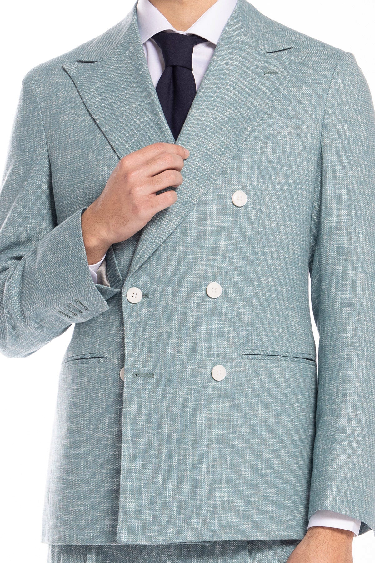 Giacca uomo doppiopetto verde tiffany effetto melange misto lana e cotone Bristol Tessuti Napoli rever a lancia