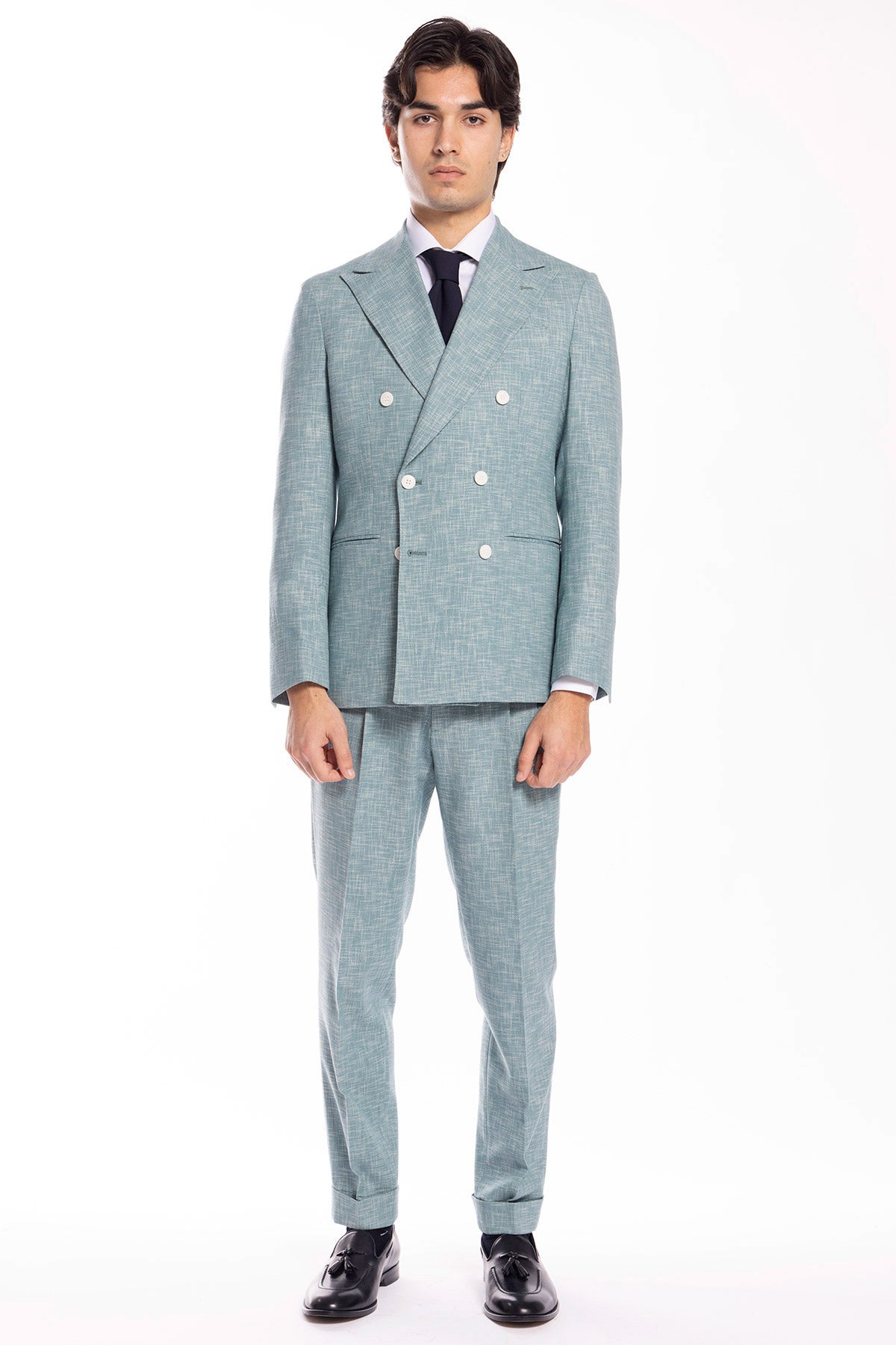 Giacca uomo doppiopetto verde tiffany effetto melange misto lana e cotone Bristol Tessuti Napoli rever a lancia