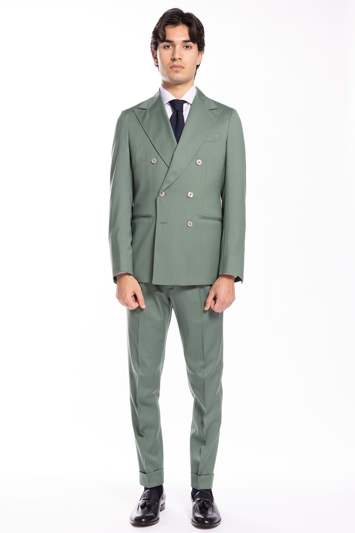 Giacca uomo doppiopetto verde salvia fresco lana super 130's Bristol Tessuti Rever a lancia