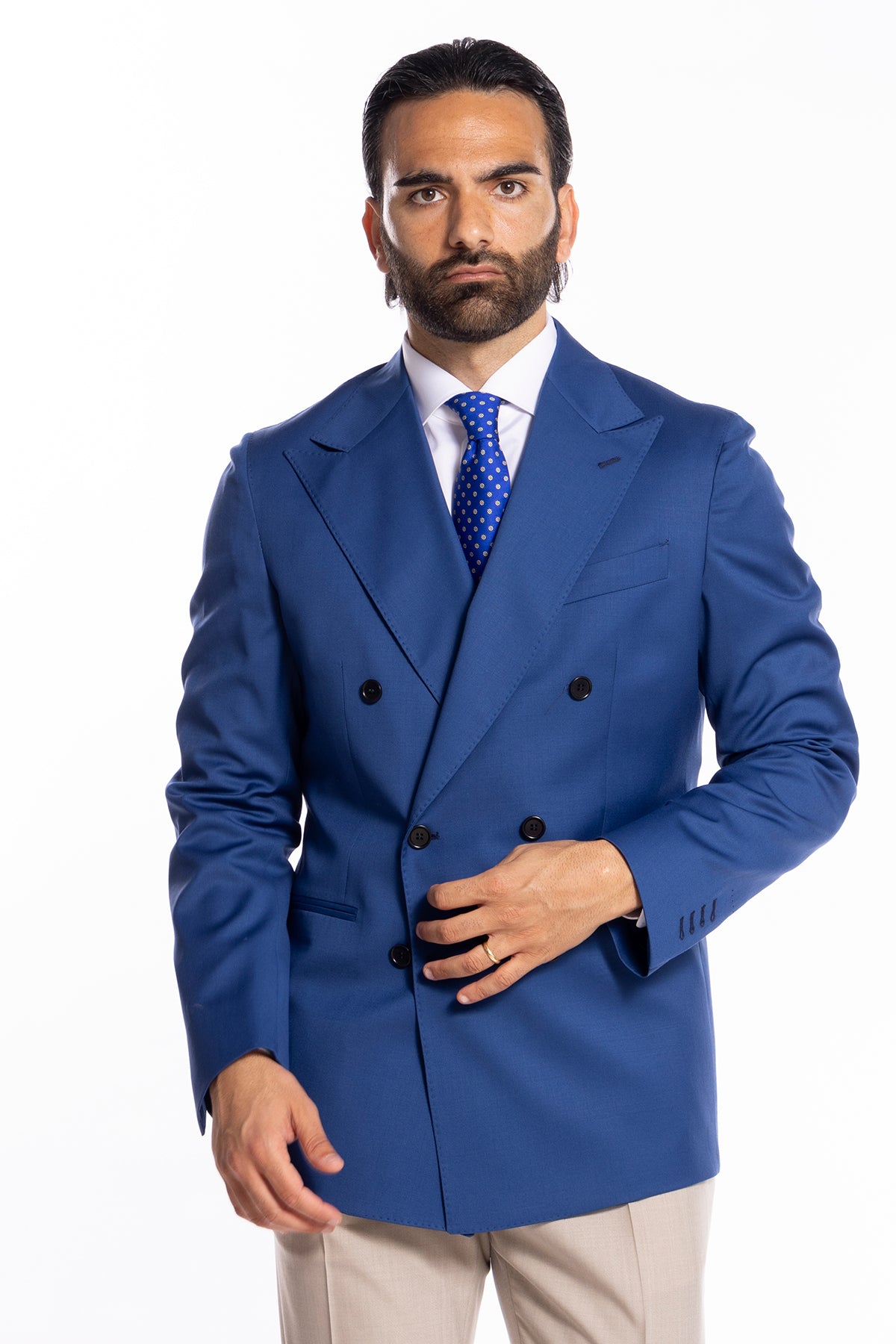 Giacca uomo doppiopetto royal blu in fresco lana 120's Holland & Sherry tasche a filo