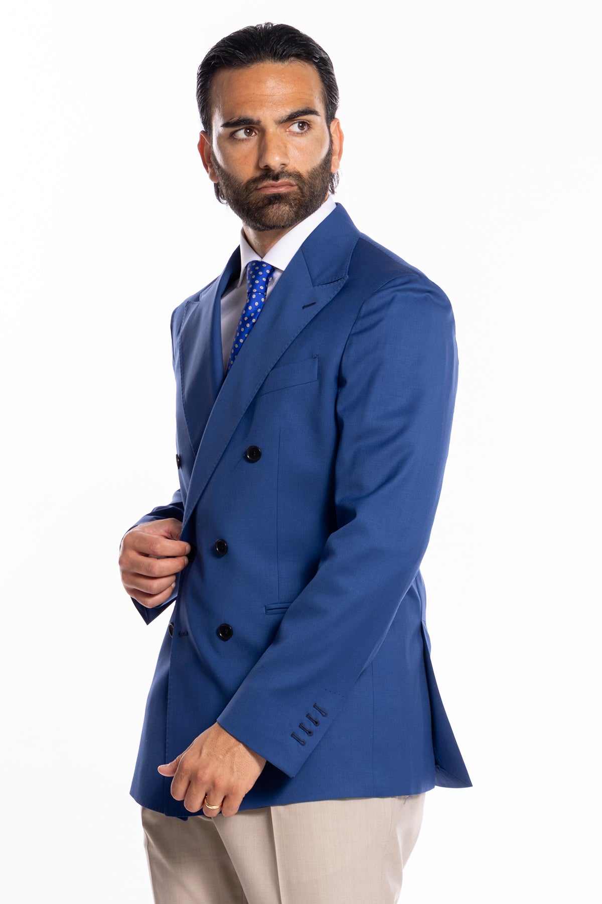 Giacca uomo doppiopetto royal blu in fresco lana 120's Holland & Sherry tasche a filo