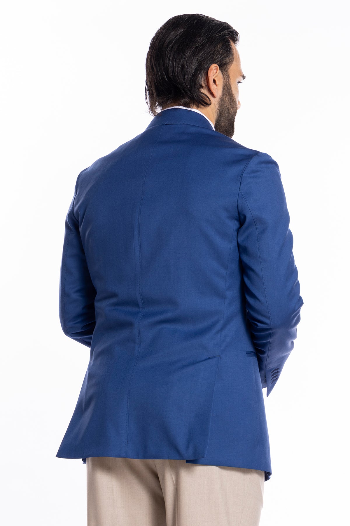 Giacca uomo doppiopetto royal blu in fresco lana 120's Holland & Sherry tasche a filo
