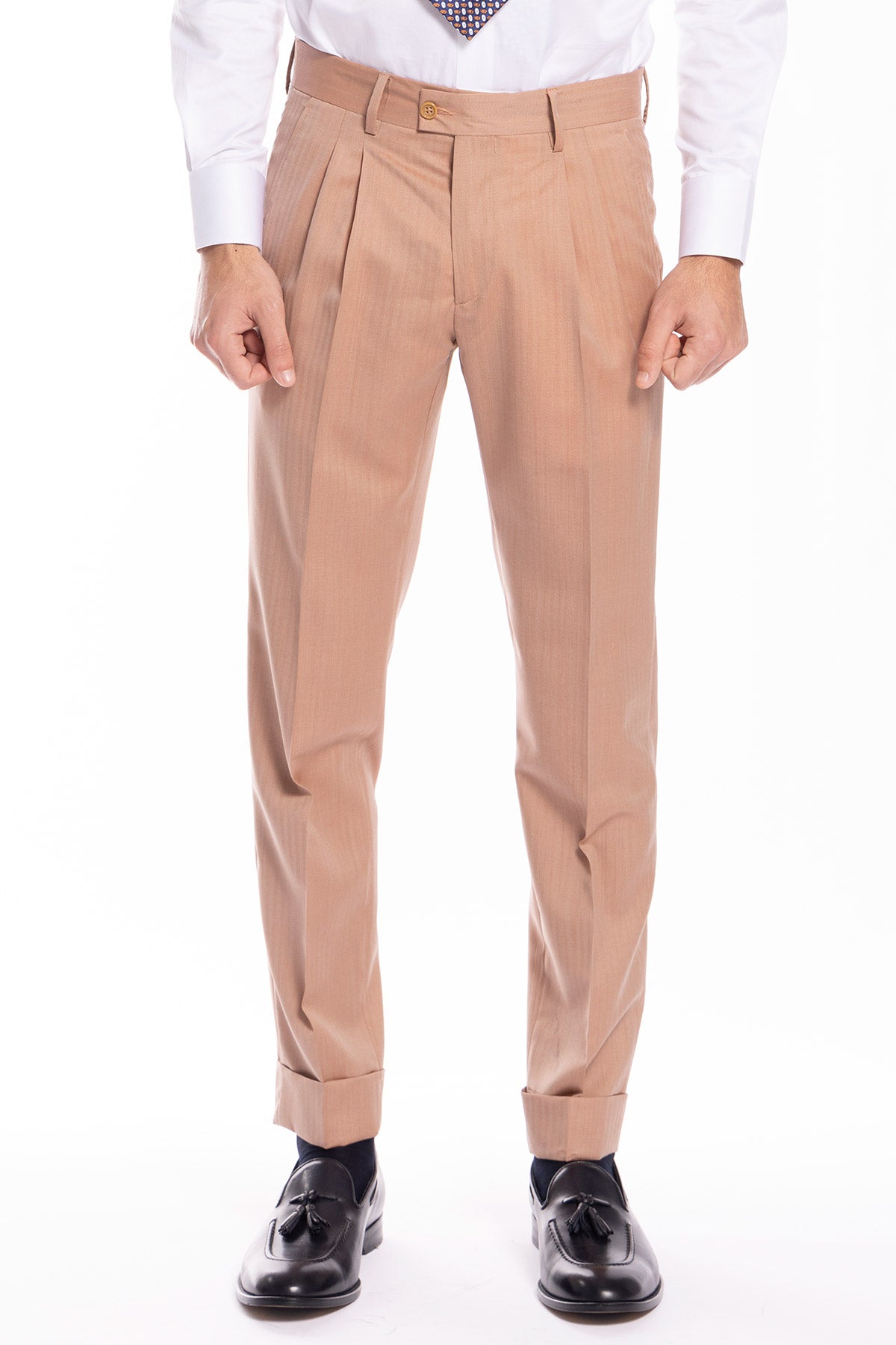 Pantalone uomo vita alta pesca doppia pinces in fresco lana super 100's e seta Solaro Holland & Sherry .