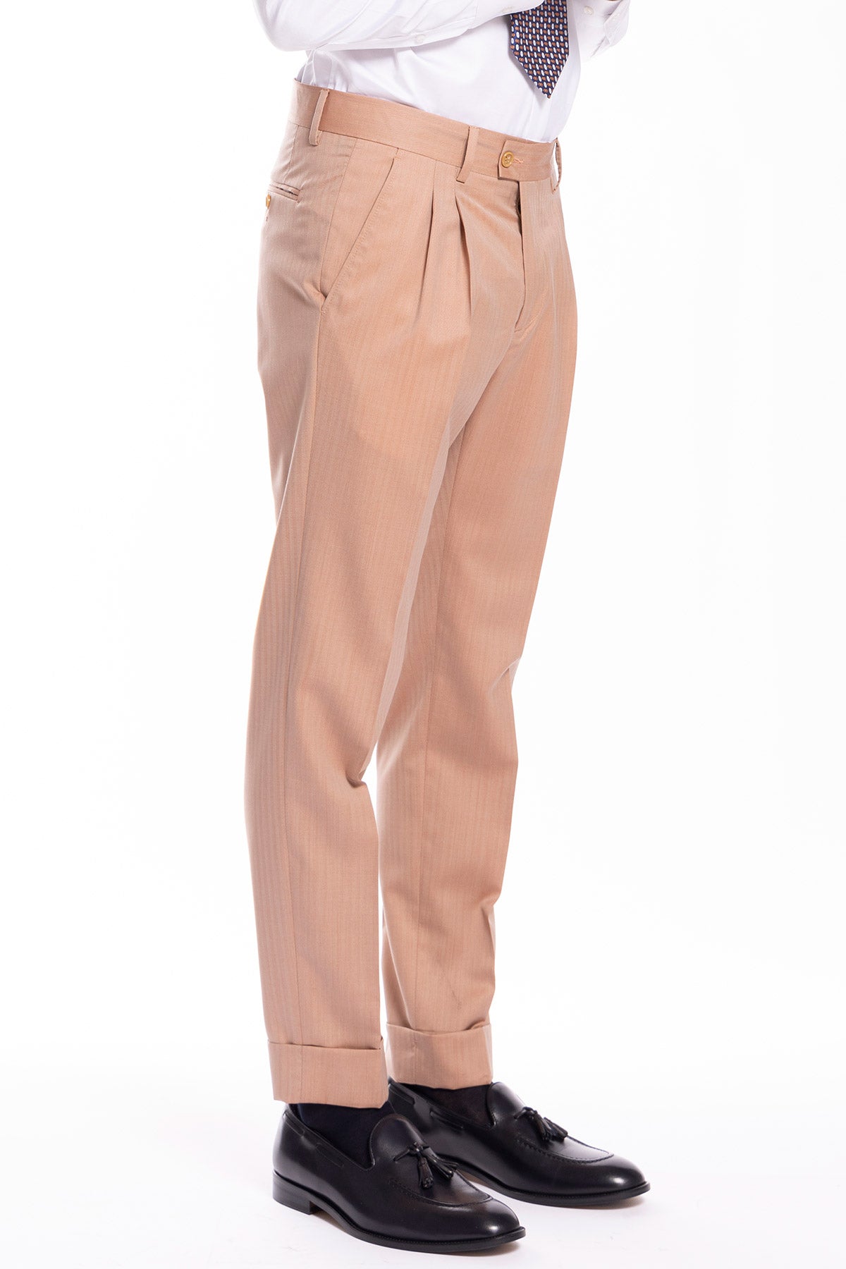 Pantalone uomo vita alta pesca doppia pinces in fresco lana super 100's e seta Solaro Holland & Sherry .