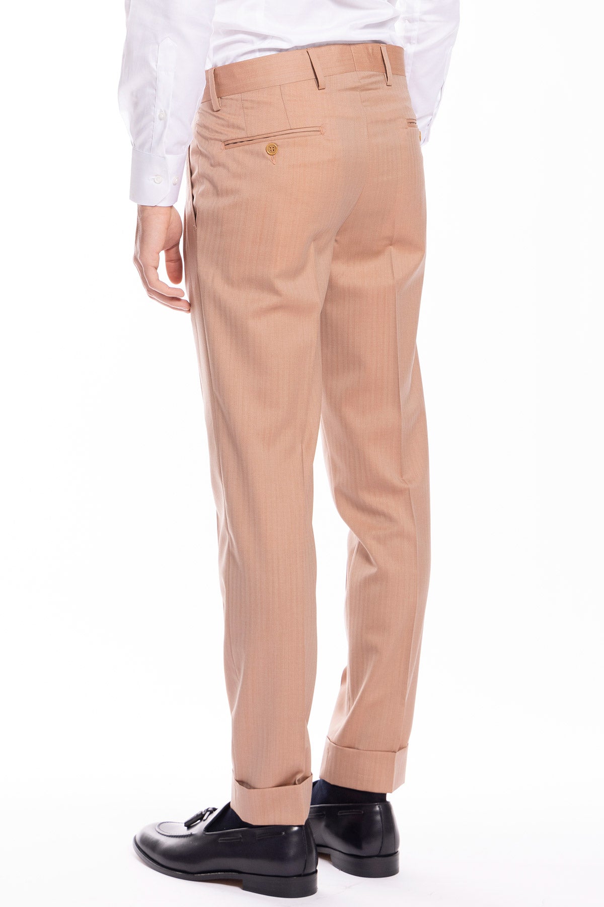 Pantalone uomo vita alta pesca doppia pinces in fresco lana super 100's e seta Solaro Holland & Sherry .