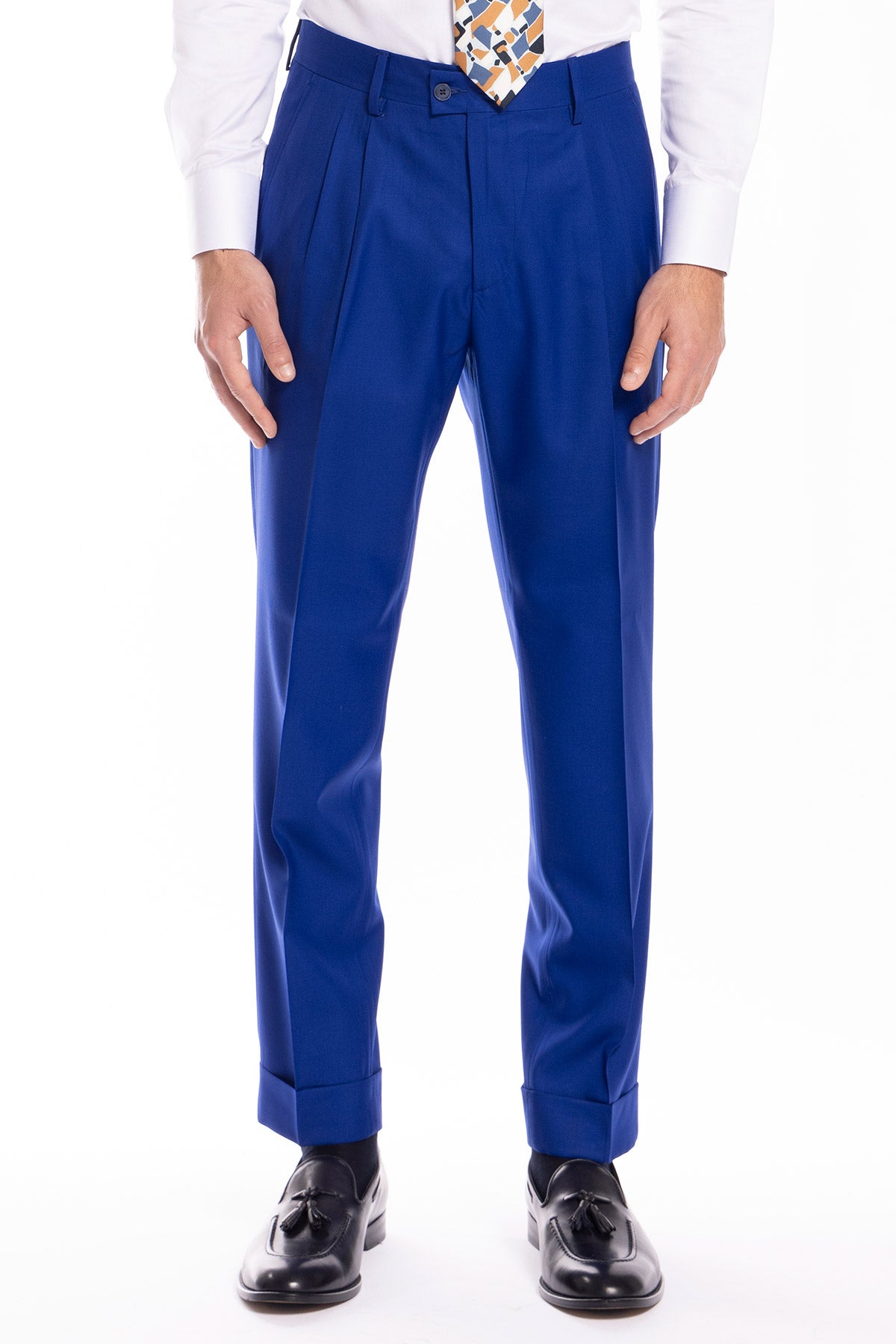 Pantalone uomo royal blu vita alta con doppia pinces in fresco lana super 140's Holland & Sherry
