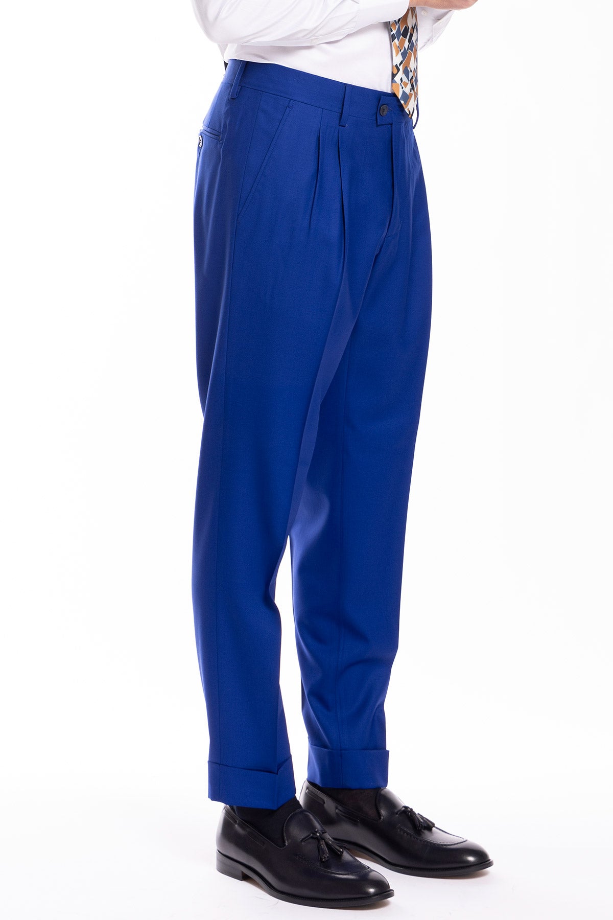 Pantalone uomo royal blu vita alta con doppia pinces in fresco lana super 140's Holland & Sherry
