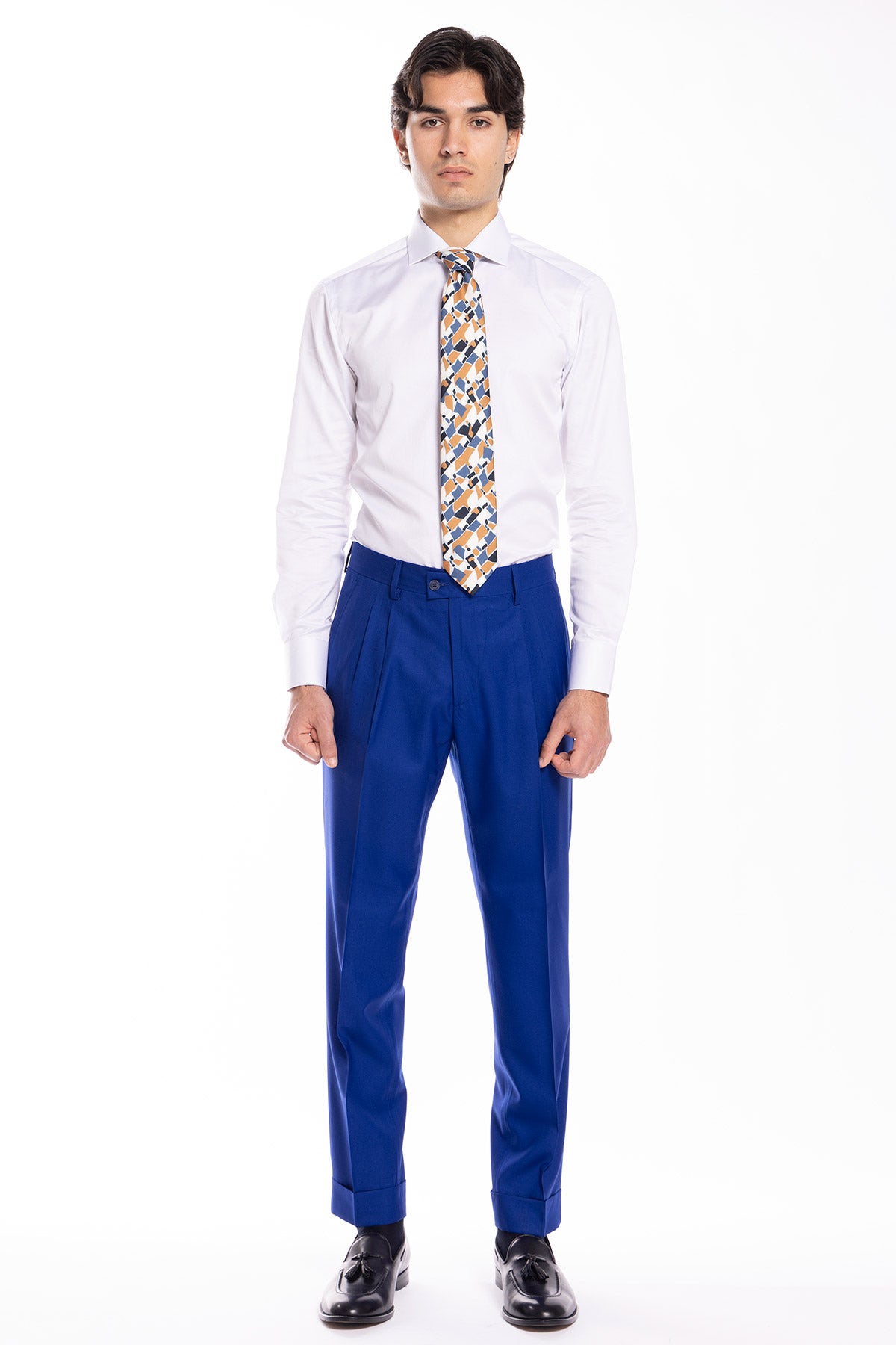 Pantalone uomo royal blu vita alta con doppia pinces in fresco lana super 140's Holland & Sherry