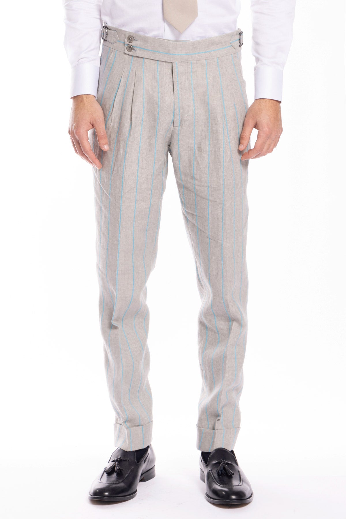 Pantalone uomo beige gessato riga azzurra 100% lino vita alta con fibbie laterali e doppia pinces Bristol tessuti Napoli