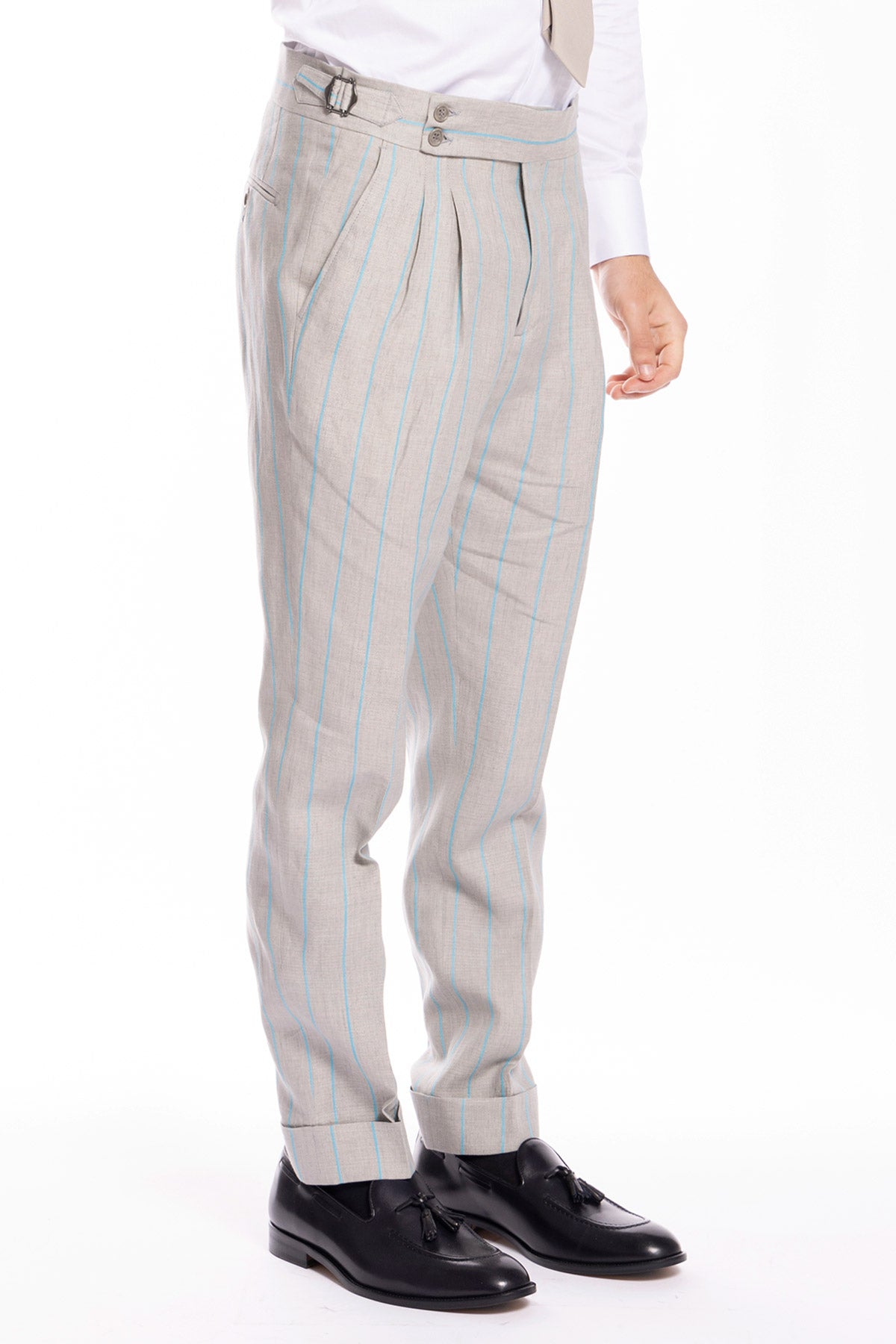 Pantalone uomo beige gessato riga azzurra 100% lino vita alta con fibbie laterali e doppia pinces Bristol tessuti Napoli