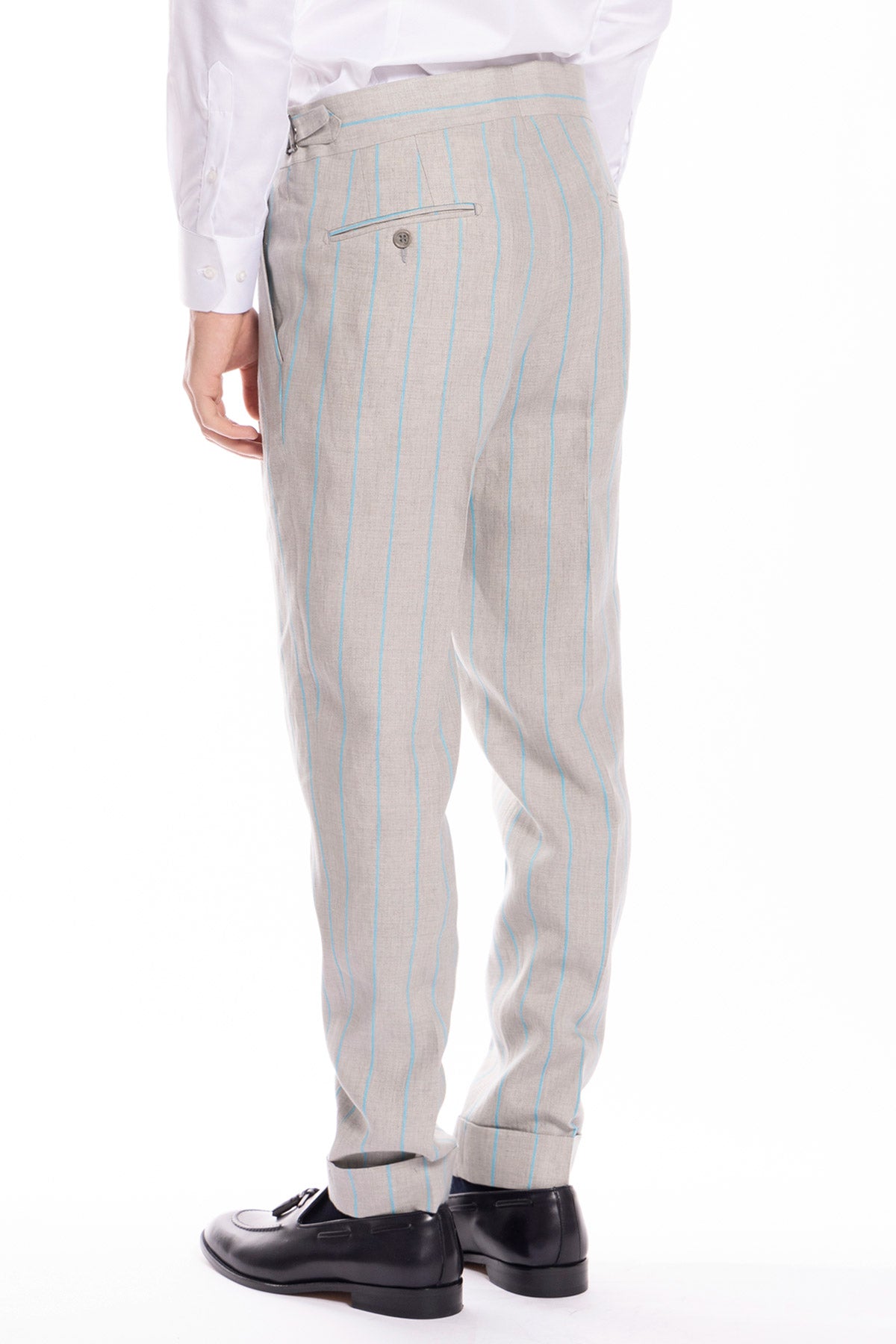 Pantalone uomo beige gessato riga azzurra 100% lino vita alta con fibbie laterali e doppia pinces Bristol tessuti Napoli
