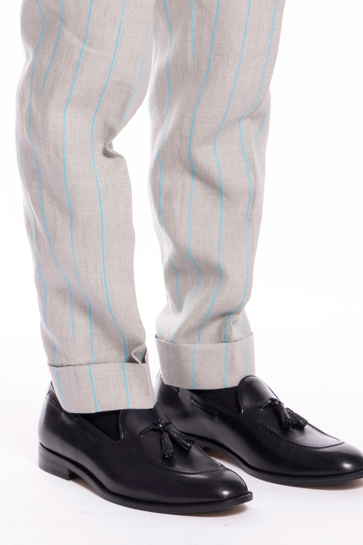 Pantalone uomo beige gessato riga azzurra 100% lino vita alta con fibbie laterali e doppia pinces Bristol tessuti Napoli