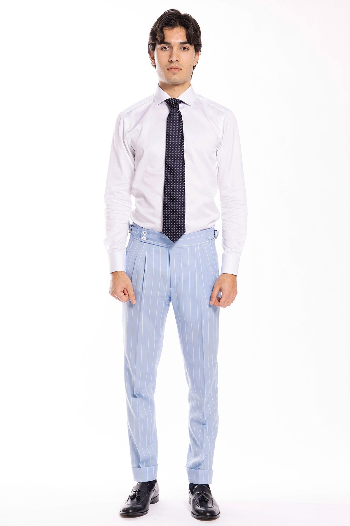 Pantalone uomo celeste gessato riga azzurra 100% fresco lana super 130's vita alta con fibbie laterali Bristol tessuti Napoli e doppia pinces