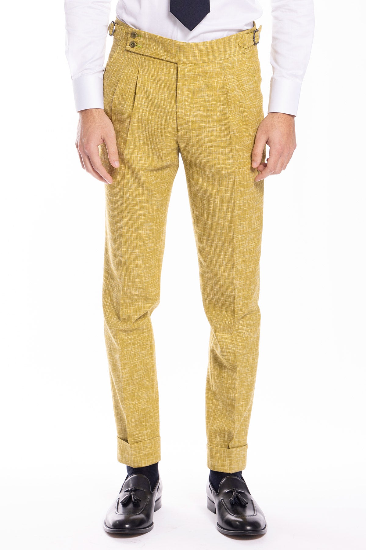 Pantalone uomo vita alta giallo effetto melange misto lana e cotone Bristol Tessuti Napoli  con fibbie laterali e doppia pinces