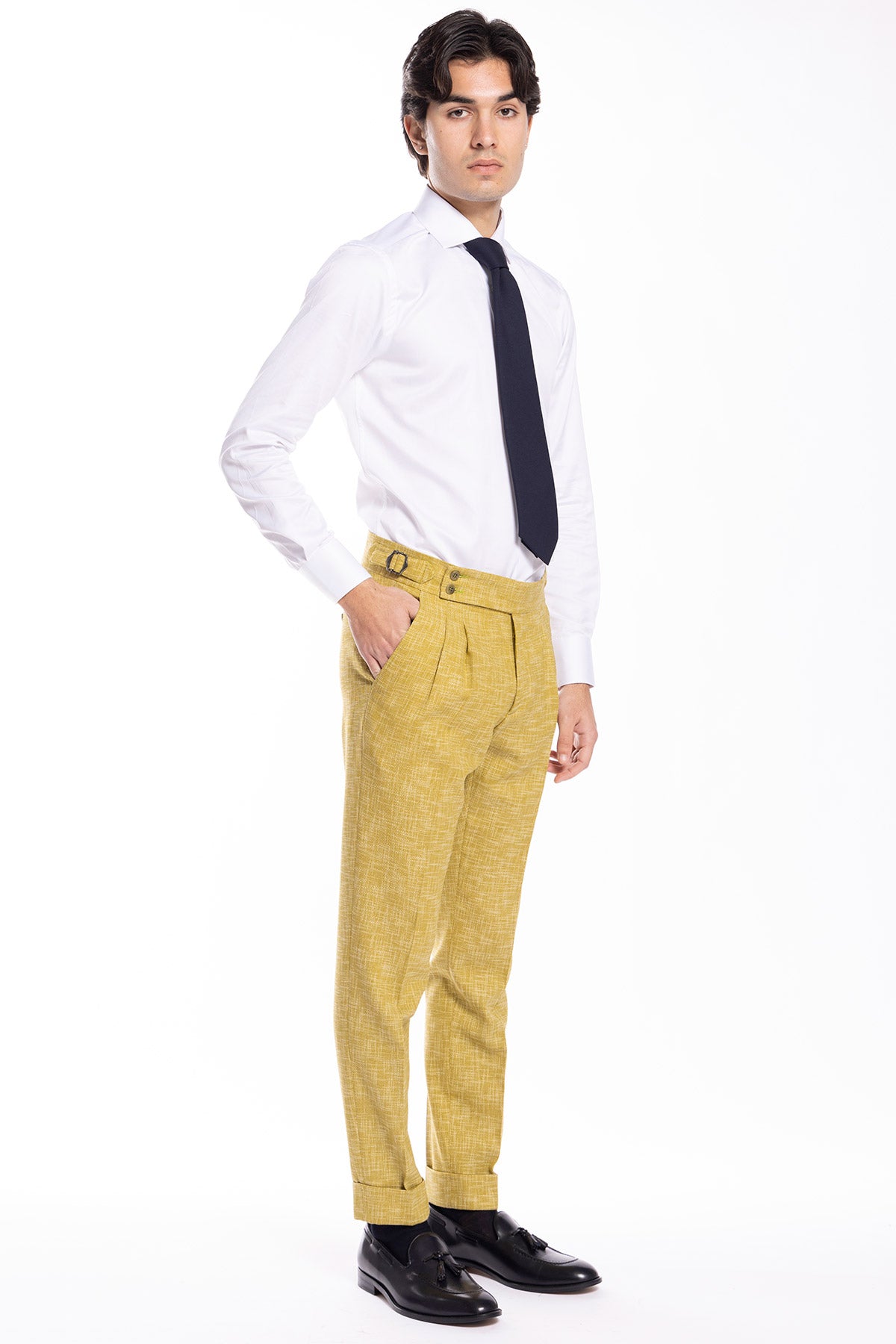 Pantalone uomo vita alta giallo effetto melange misto lana e cotone Bristol Tessuti Napoli  con fibbie laterali e doppia pinces