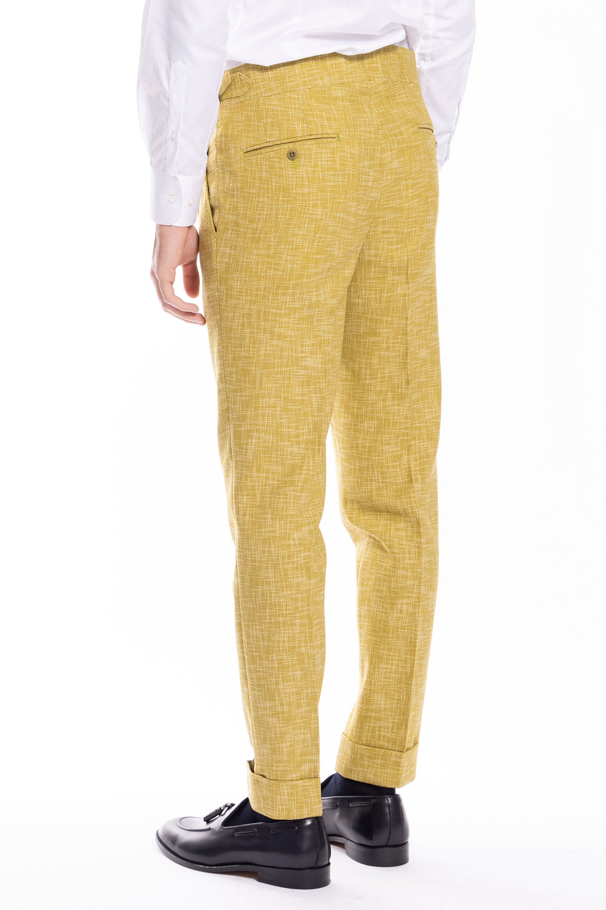 Pantalone uomo vita alta giallo effetto melange misto lana e cotone Bristol Tessuti Napoli  con fibbie laterali e doppia pinces