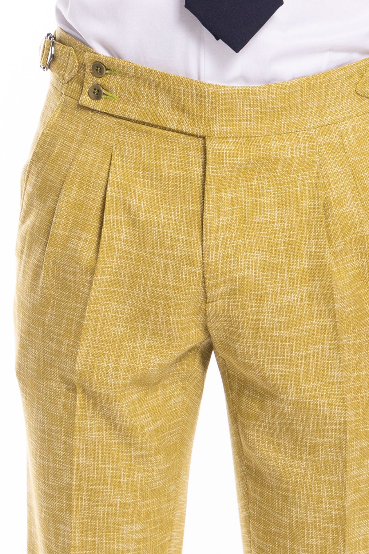 Pantalone uomo vita alta giallo effetto melange misto lana e cotone Bristol Tessuti Napoli  con fibbie laterali e doppia pinces