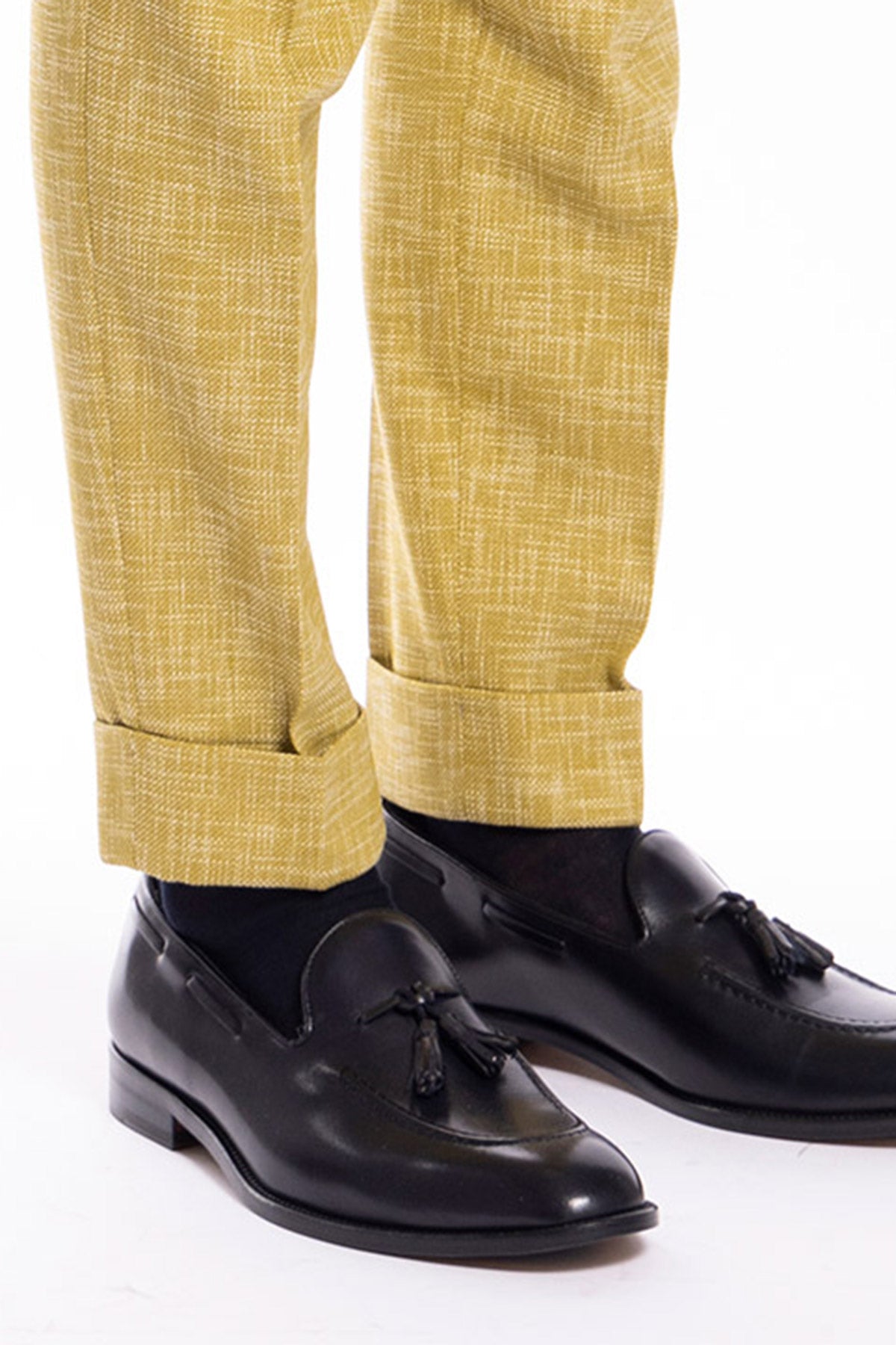 Pantalone uomo vita alta giallo effetto melange misto lana e cotone Bristol Tessuti Napoli  con fibbie laterali e doppia pinces