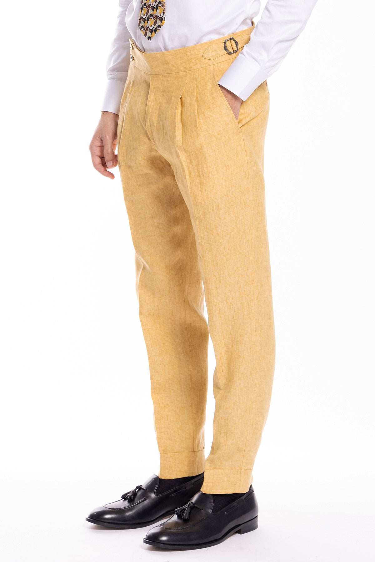 Pantalone uomo vita alta giallo 100% lino Bristol Tessuti Napoli con fibbie laterali e doppia pinces