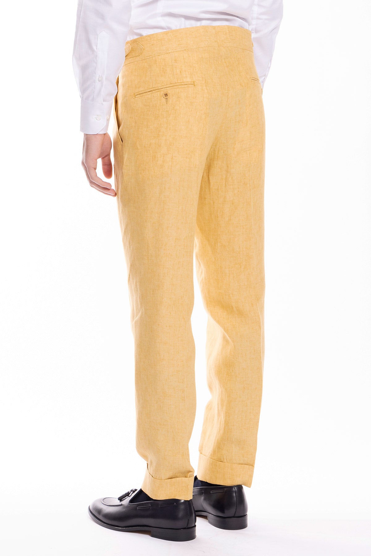 Pantalone uomo vita alta giallo 100% lino Bristol Tessuti Napoli con fibbie laterali e doppia pinces